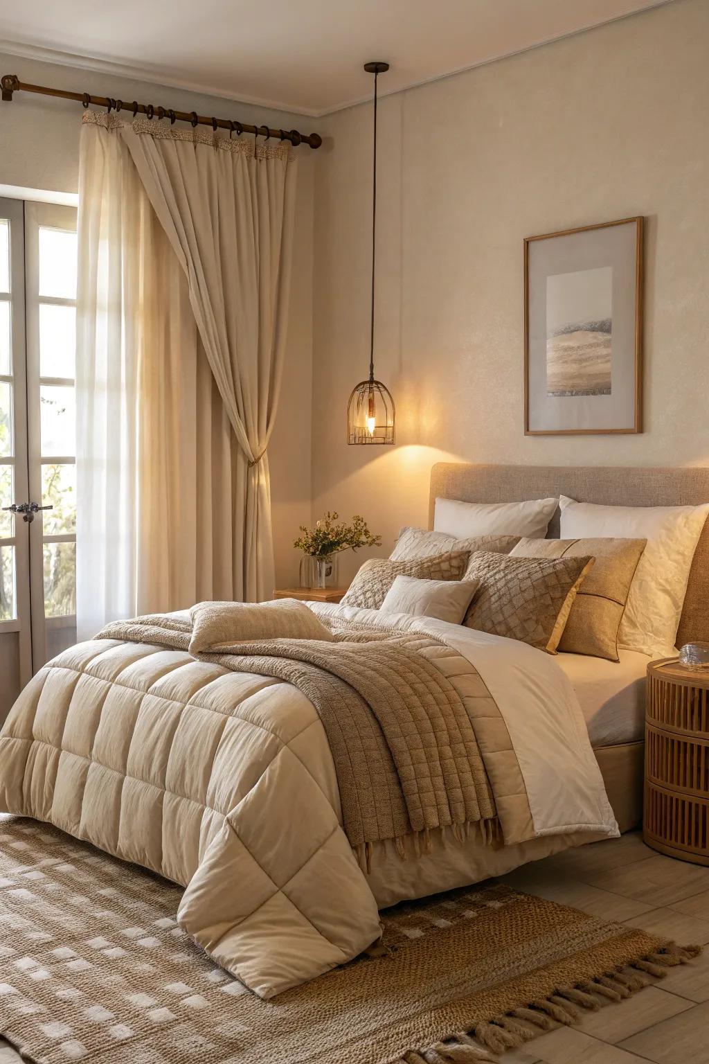 The artful layering of bedding in beige brings an added layer of luxury to this bedroom.