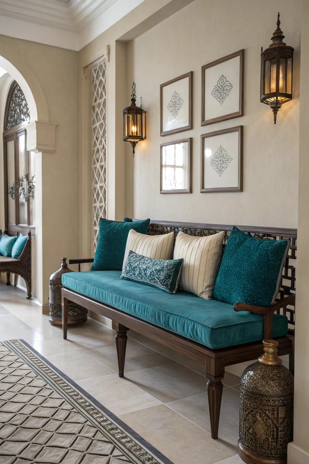 A vibrant burst of color, like teal, can transform a simple bench into a focal point.