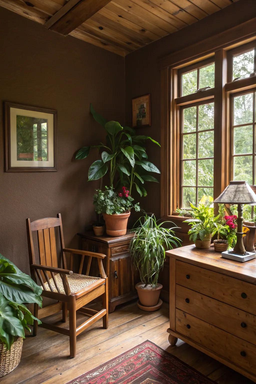 Earthy sophistication with natural wood and greenery.