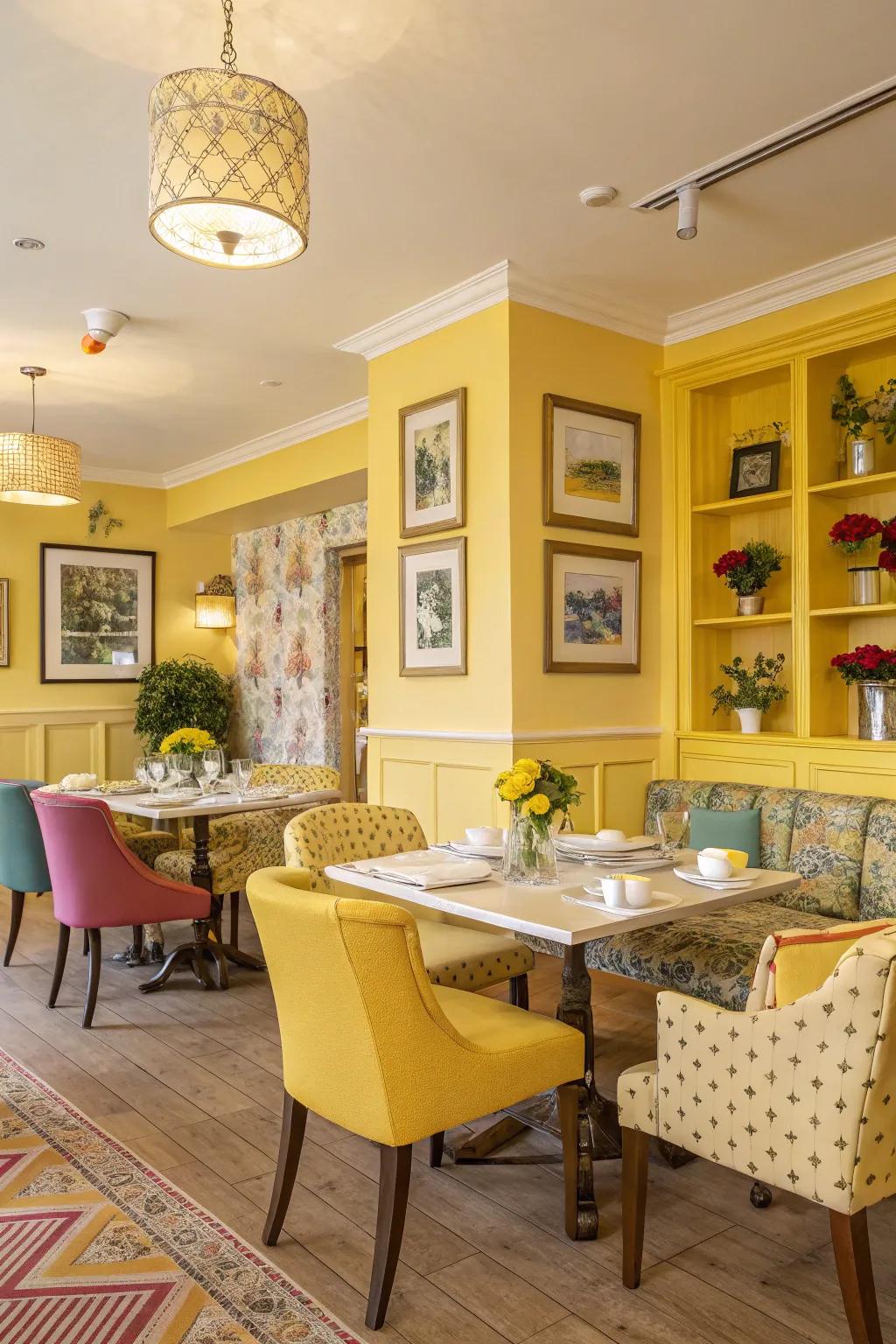 Gold accents introduce a joyful burst of color to dining rooms.