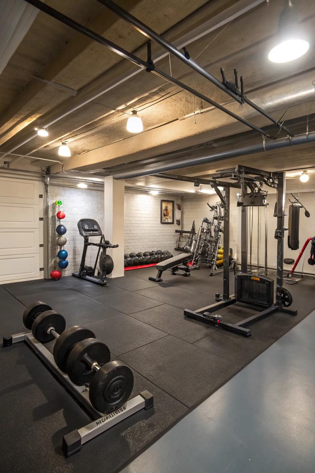 Resilient flooring is a sensible choice for basement home gyms.