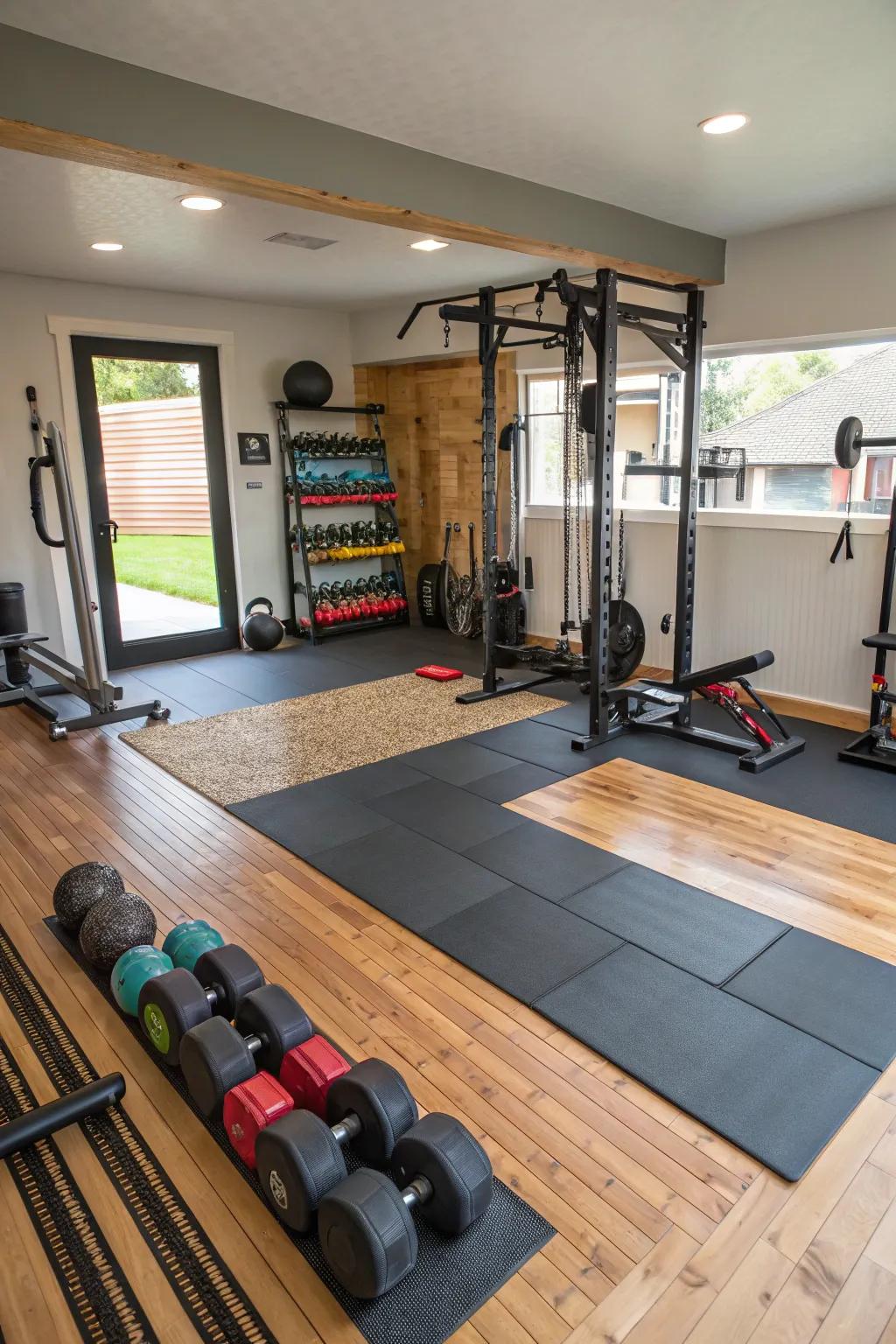 Fine-tune your fitness area through a diverse flooring setup for an array of exercises.
