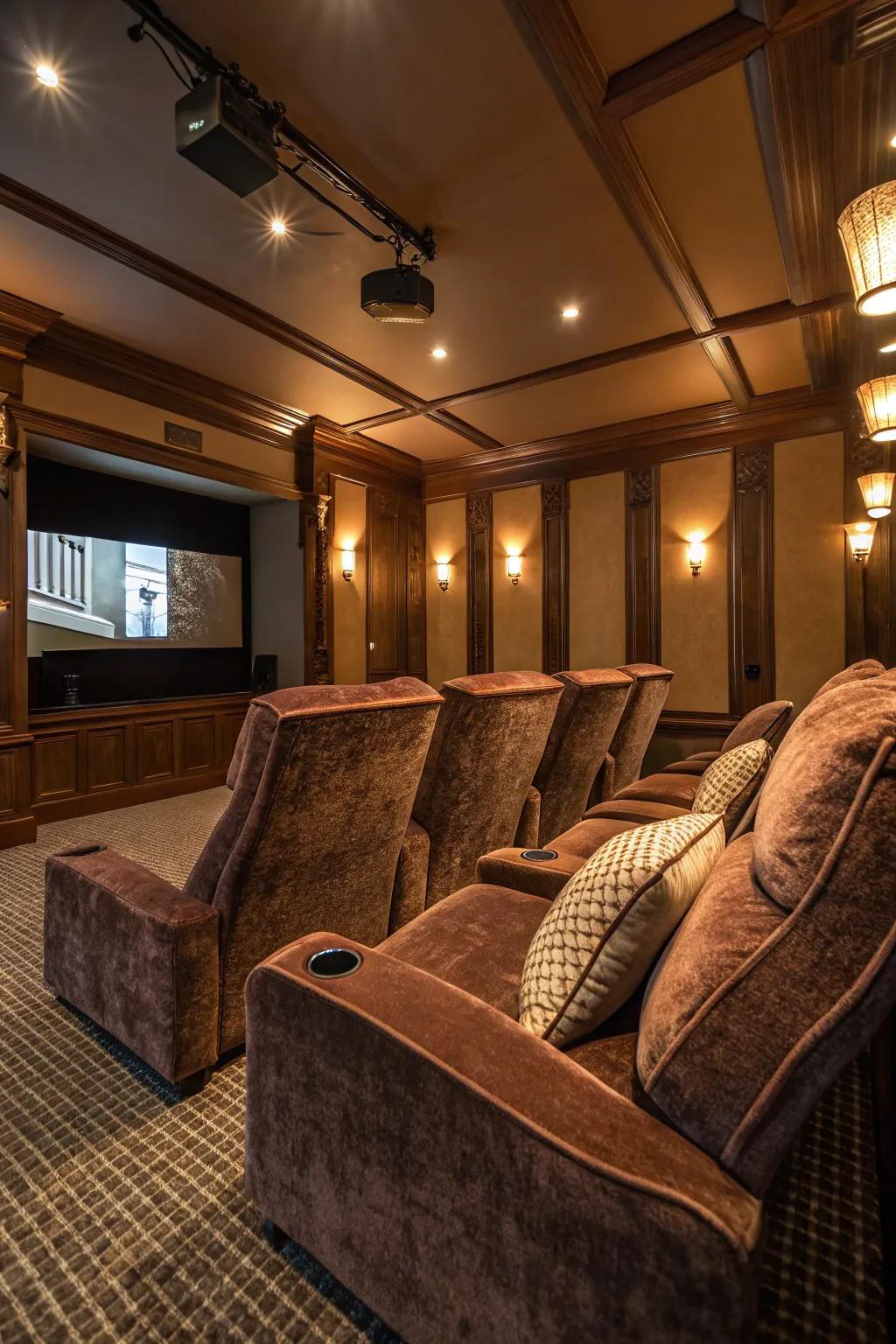 Textured velvet seats enhance warmth and richness in this home cinema.