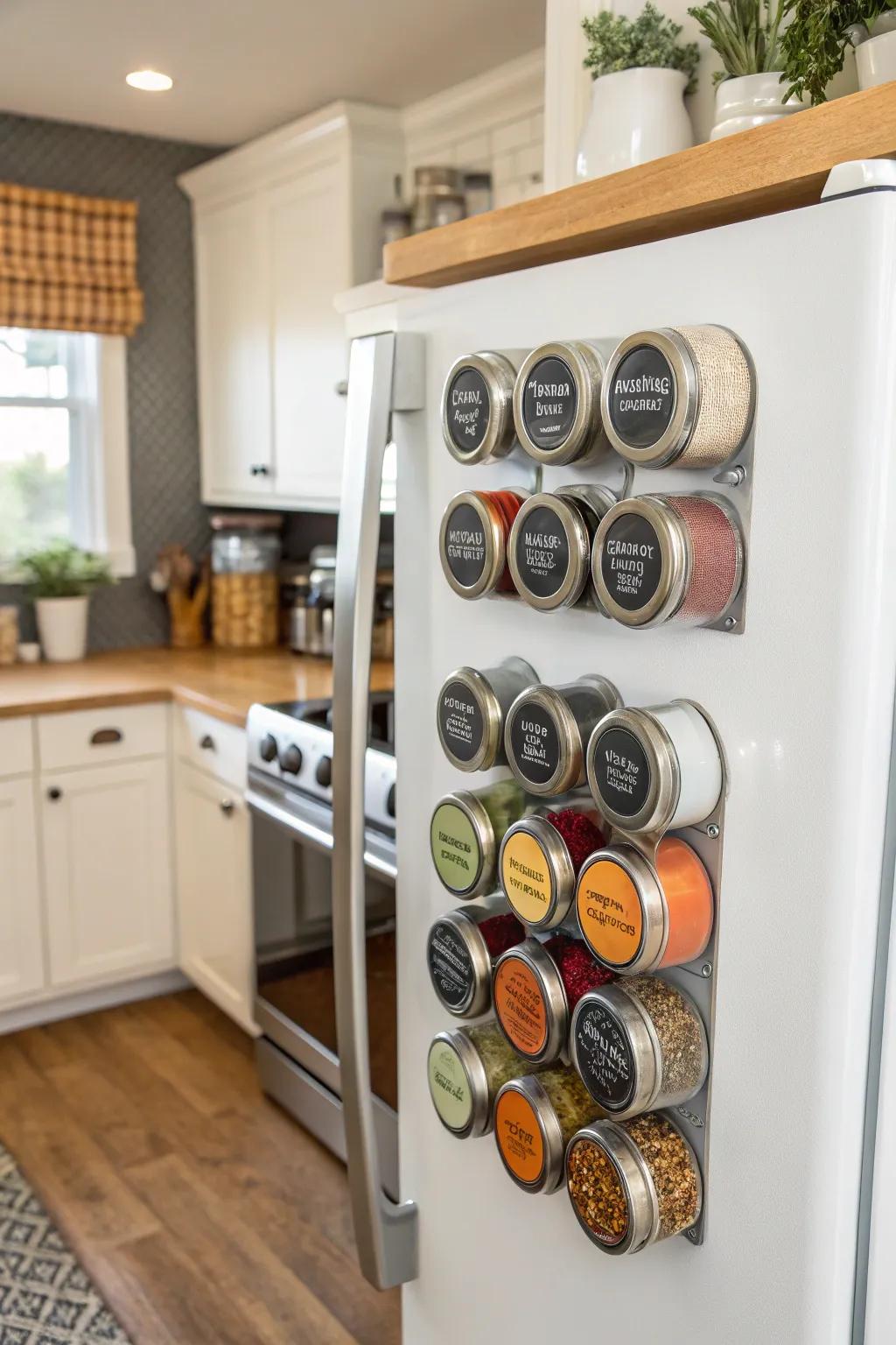 Spice racks with magnetic fasteners give a modern touch.