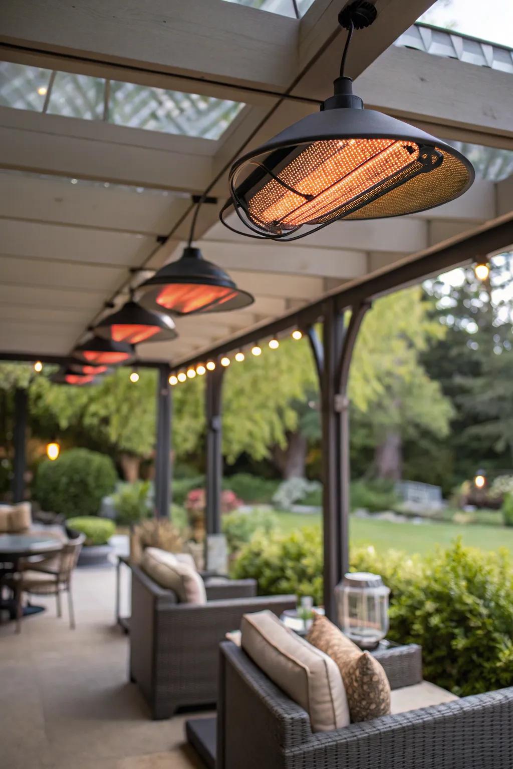 Overhead heaters shower warmth from above, just right for sheltered patios.