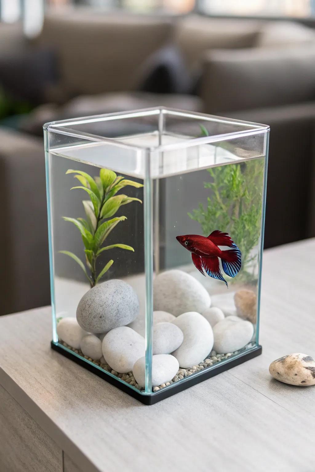 A modern minimalist betta tank with a sleek cubic structure.