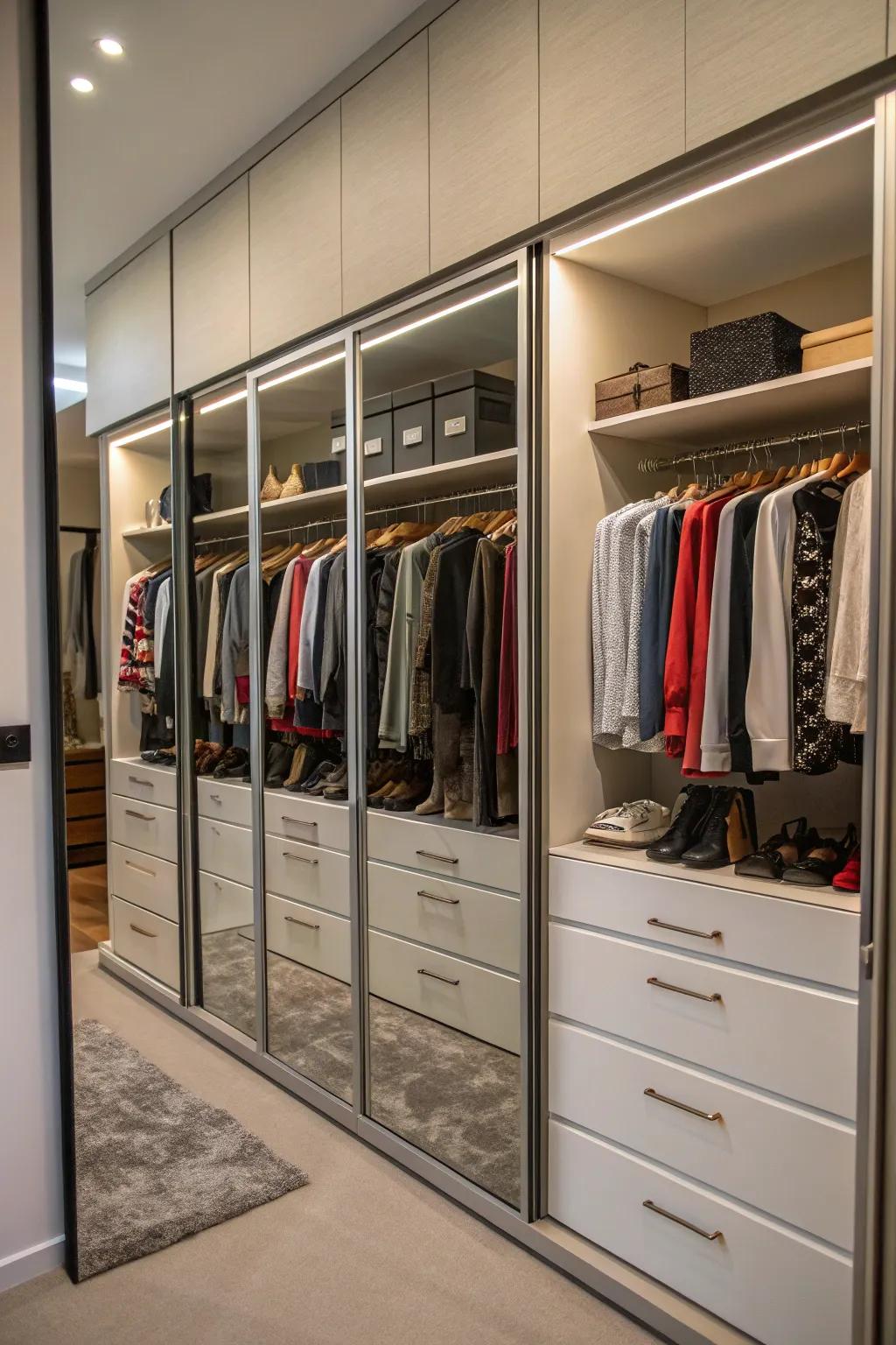 A closet showcasing an entire wall of mirrors reflecting the tidy area.
