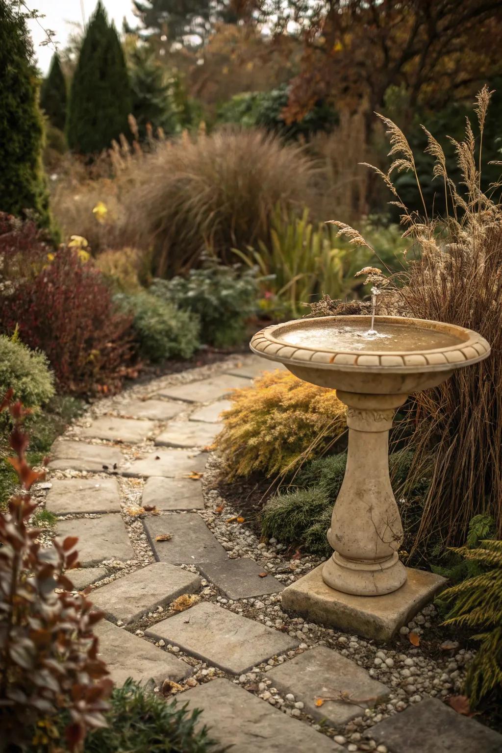 A tan bird bath blending beautifully with earthy garden tones, establishing a natural haven for birds.