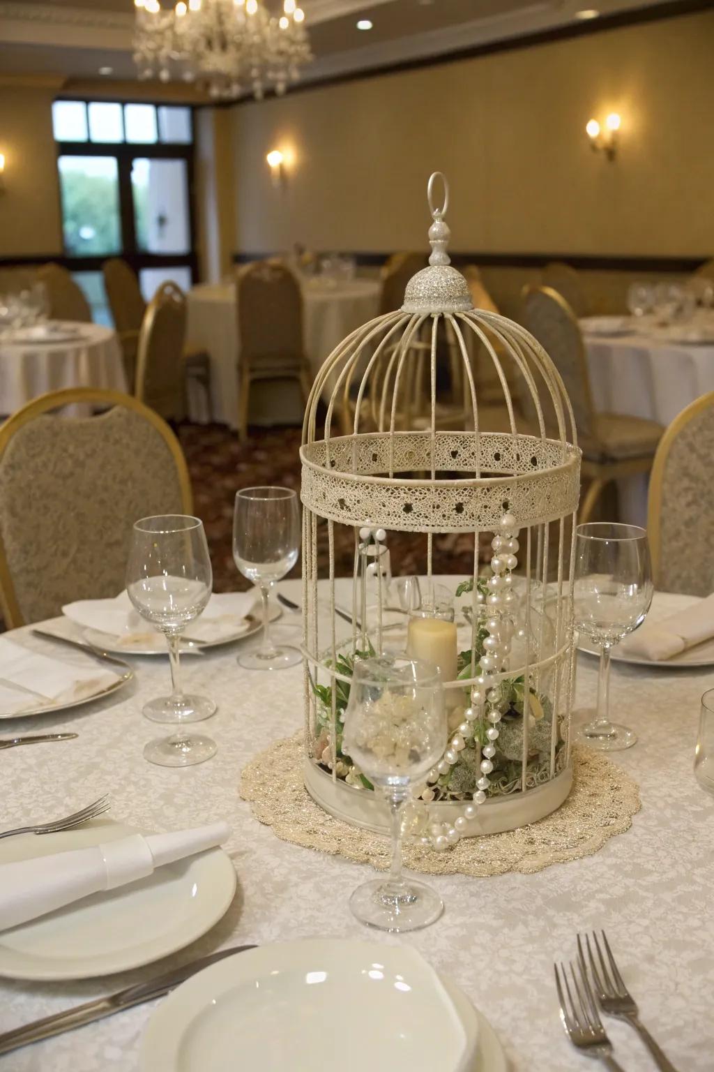 An advanced table arrangement presenting a bird cage centerpiece.