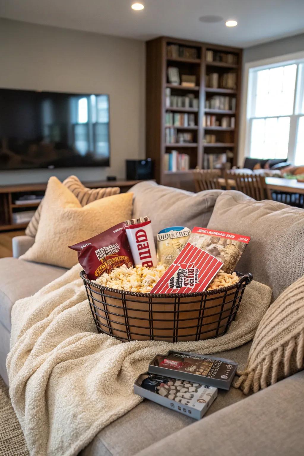 Craft a cinematic escape at home with this movie evening basket.