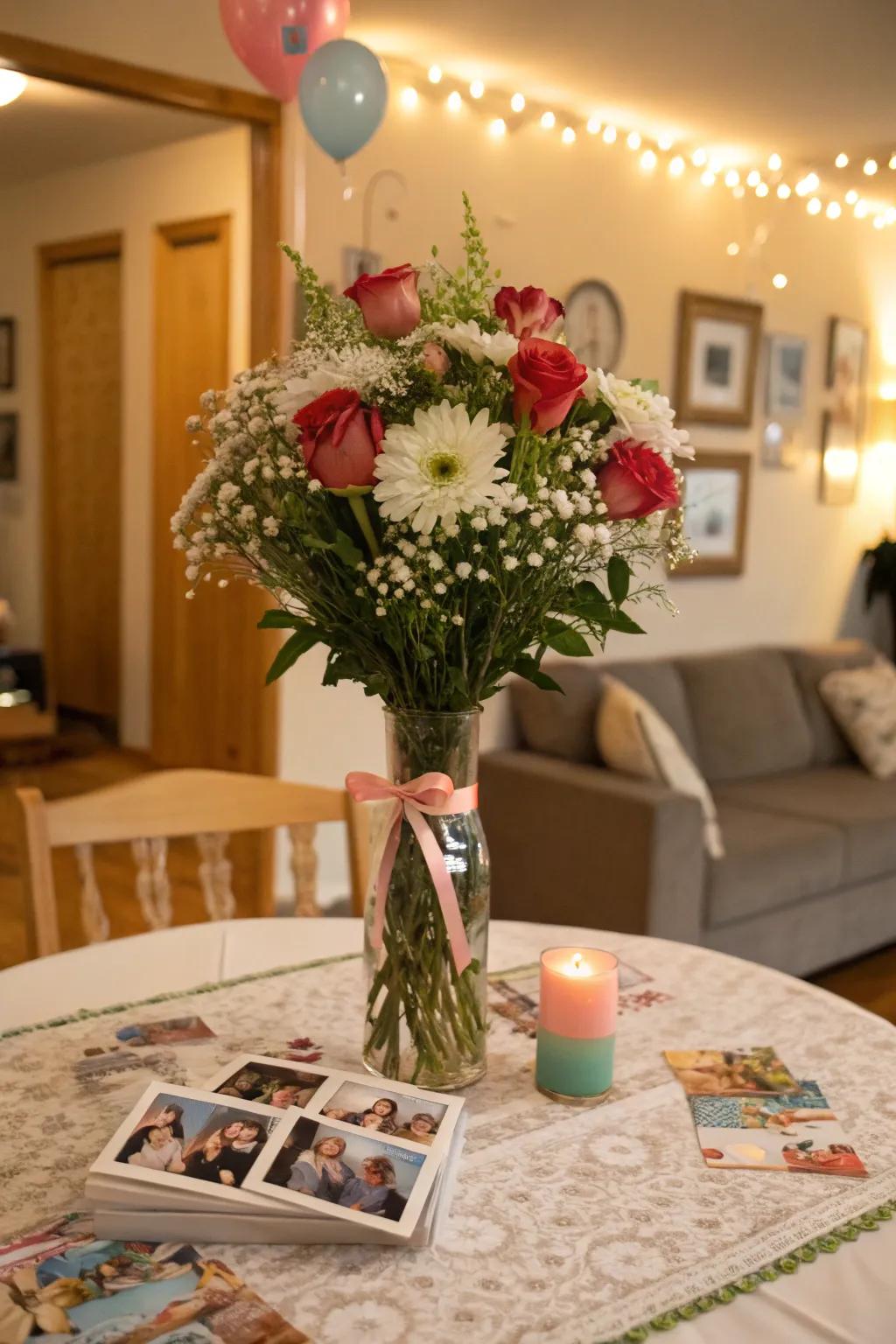 A personalized photo bouquet that adds a sentimental touch to the party.