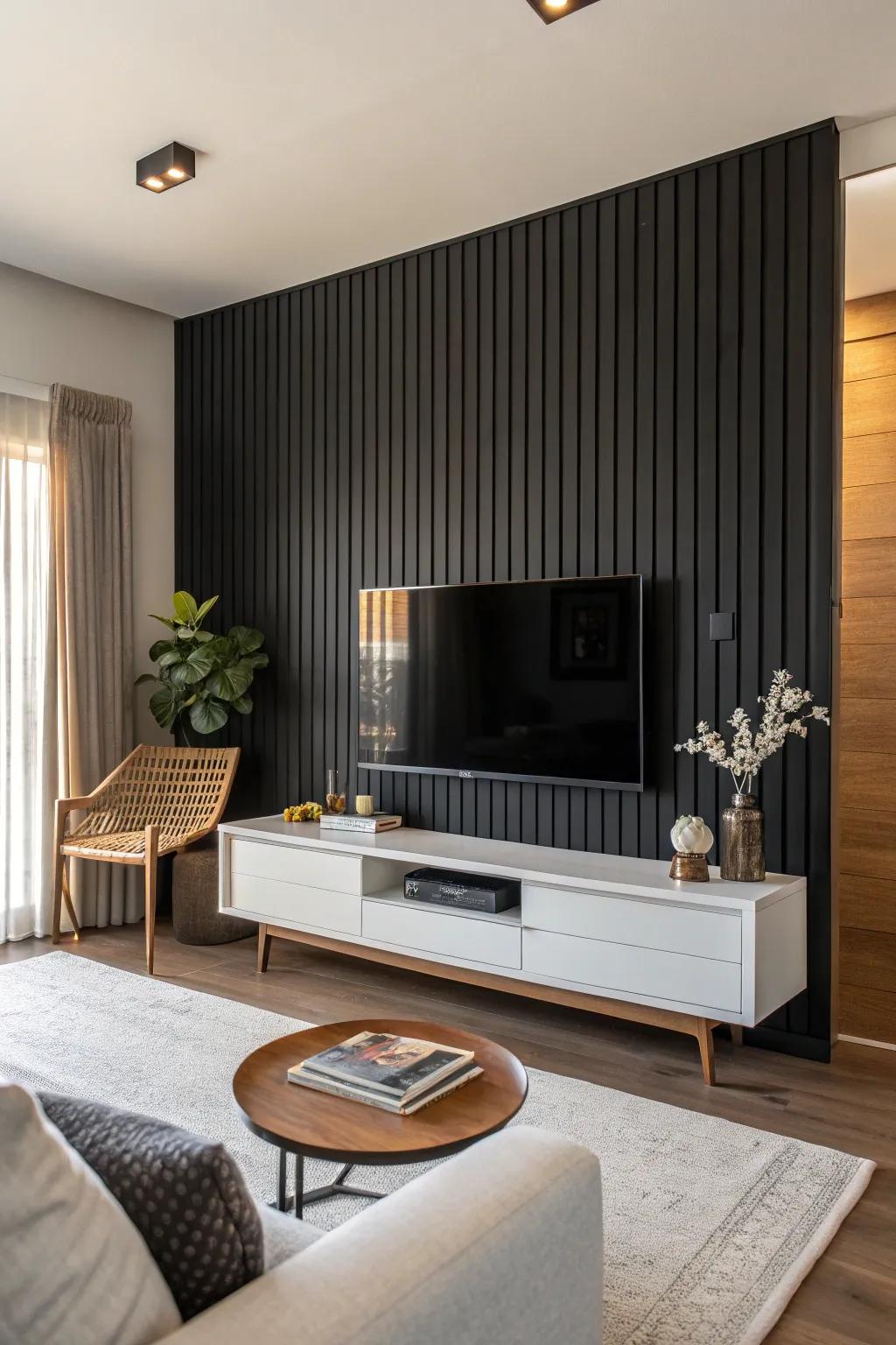 Dark timber strips infuse texture and warmth into a modern area.