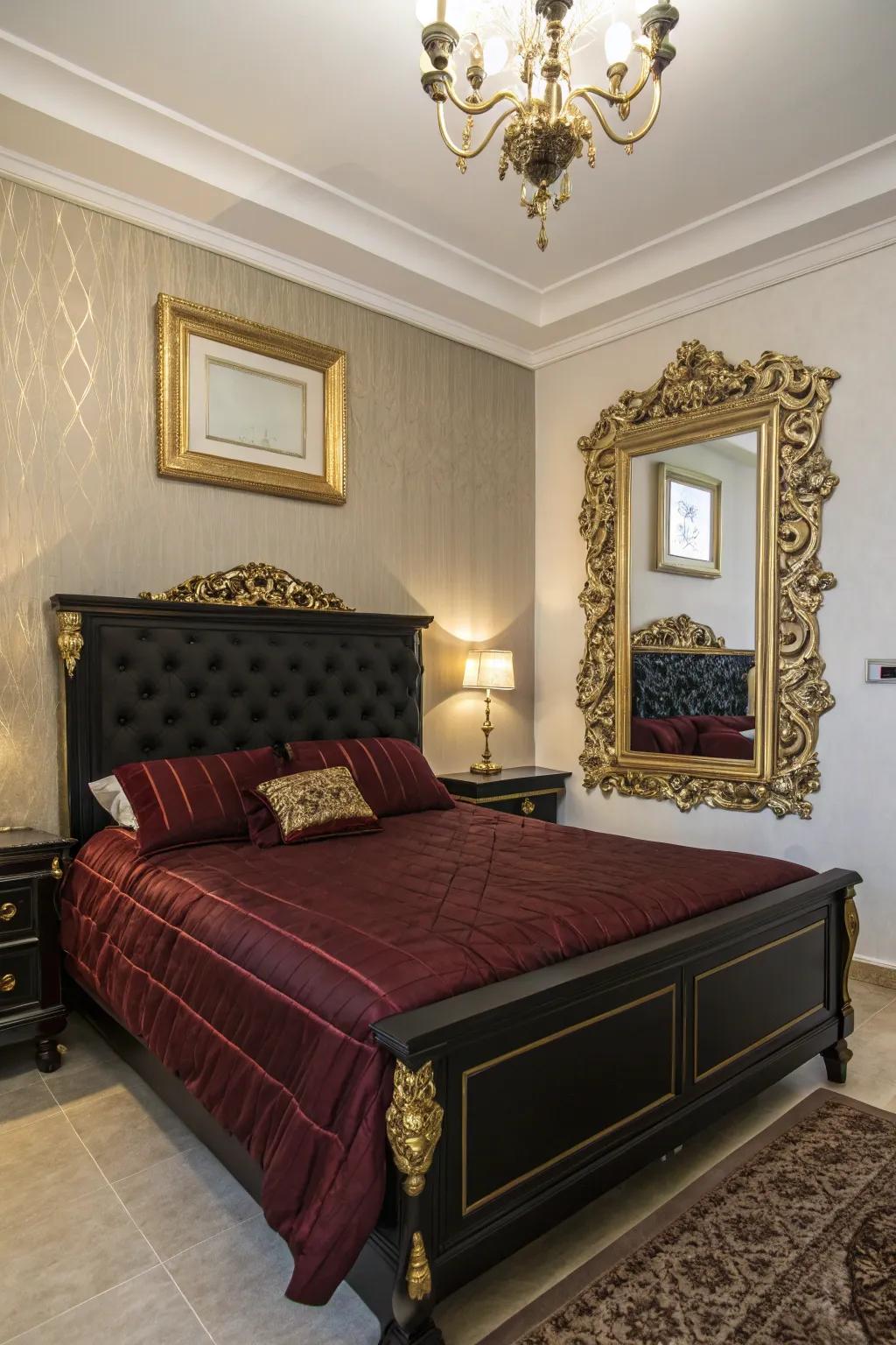 Shiny highlights inject a glamorous touch to your black and burgundy bedroom.