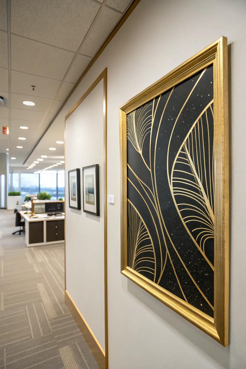 Gilded-framed art infuses a sophisticated flair into your office decor.