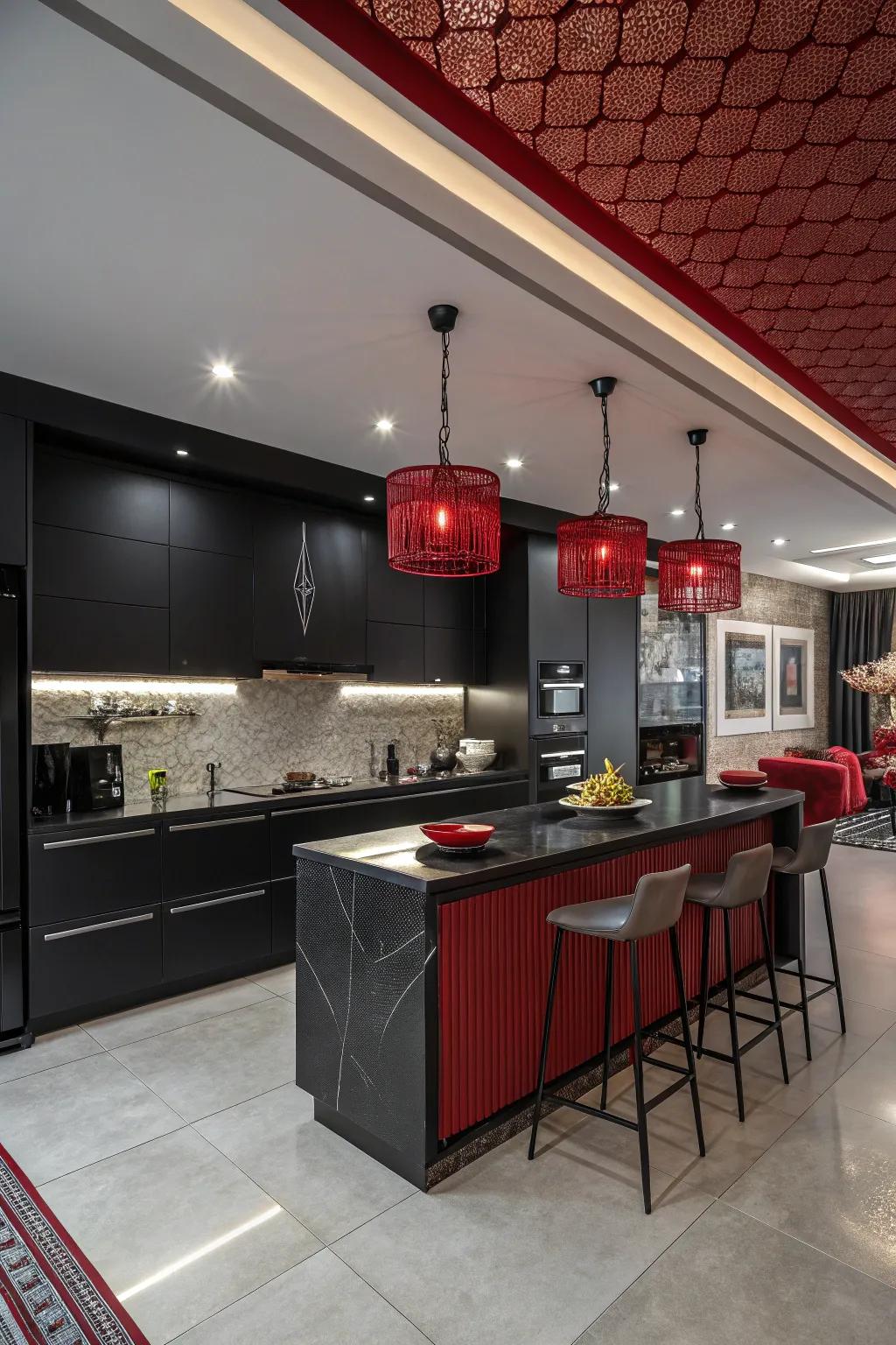 Contemporary pendant illumination enhances the ebony and scarlet culinary motif.