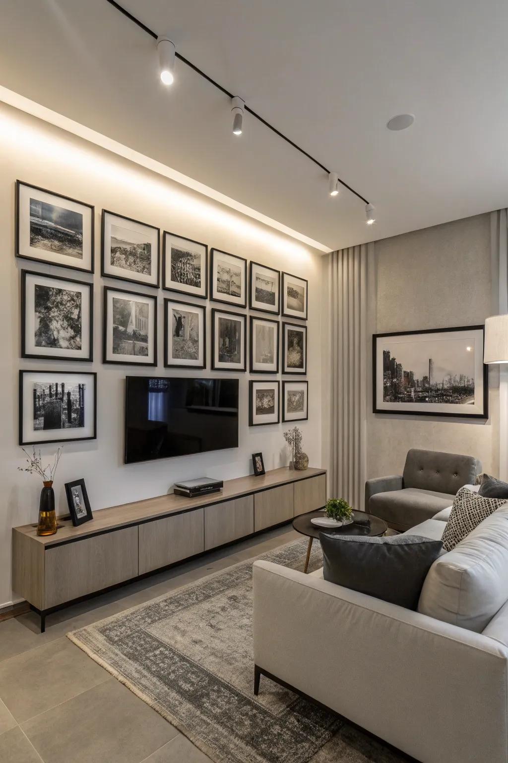 A wall display with dark and pale picture prints adding an individual touch to the interior.