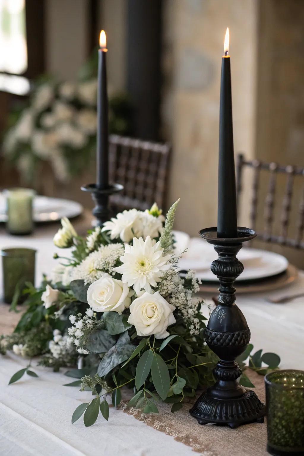 Sophisticated black and white centerpiece for tables.