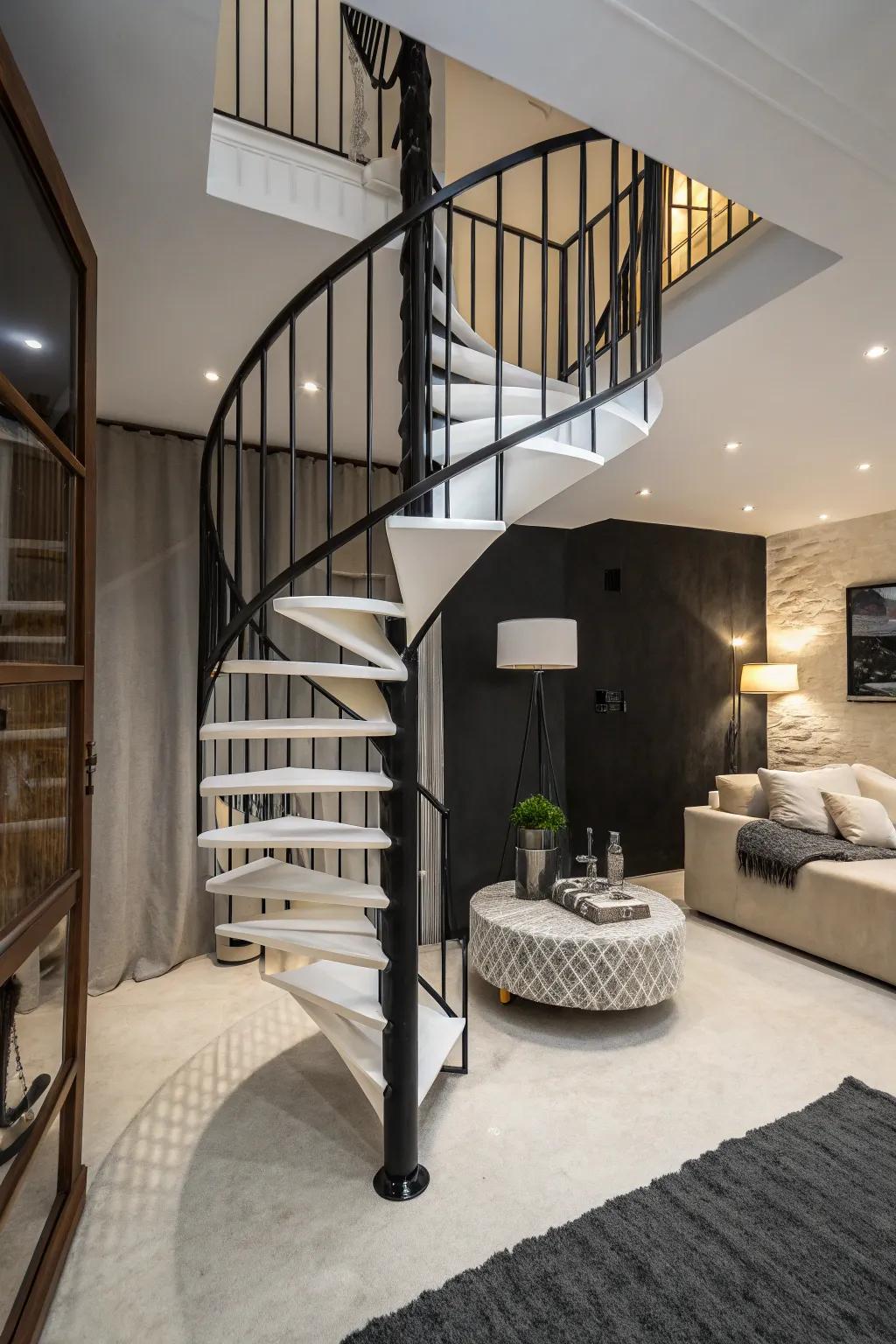 A single-color turning staircase makes a daring statement in a compact area.