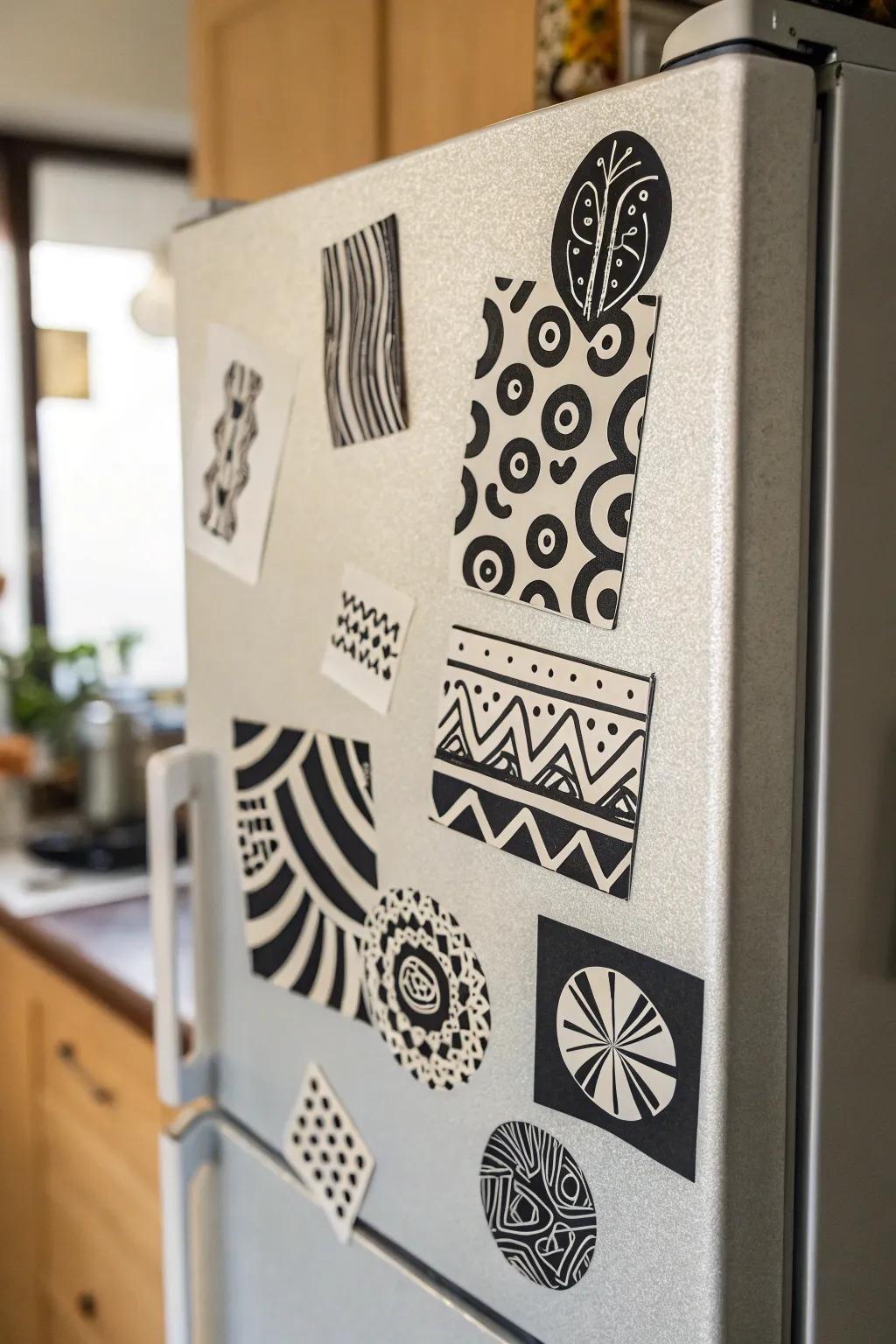 Non-figurative art decals adding flair to a kitchen appliance.