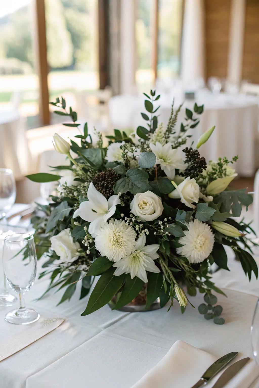 Monochrome floral arrangements with white flowers and dark greenery offer a lush, elegant touch.