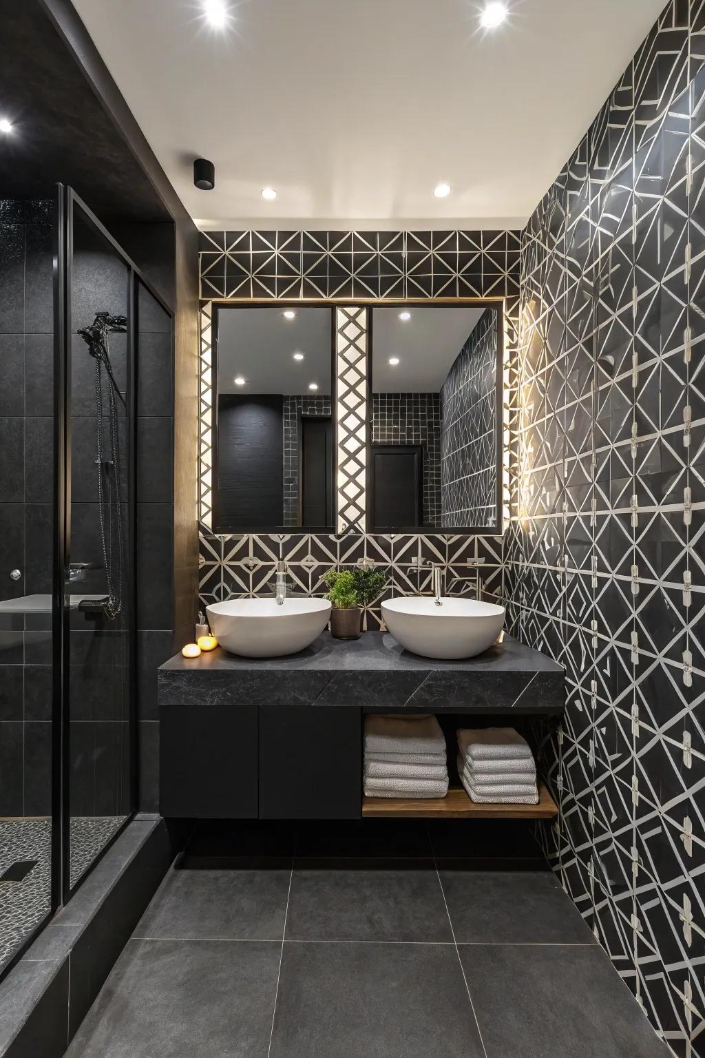 Geometric themes contribute a playful feel to a bathroom dominated by black.