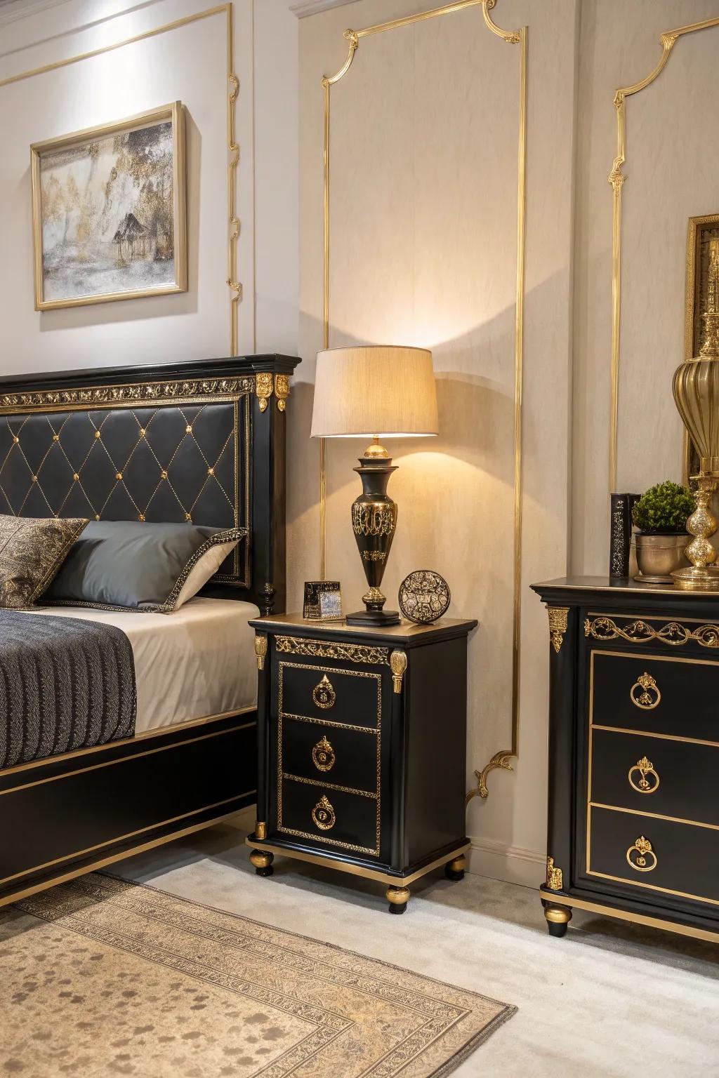 Charming gilded accents enhance the dark furniture in this refined bedroom.