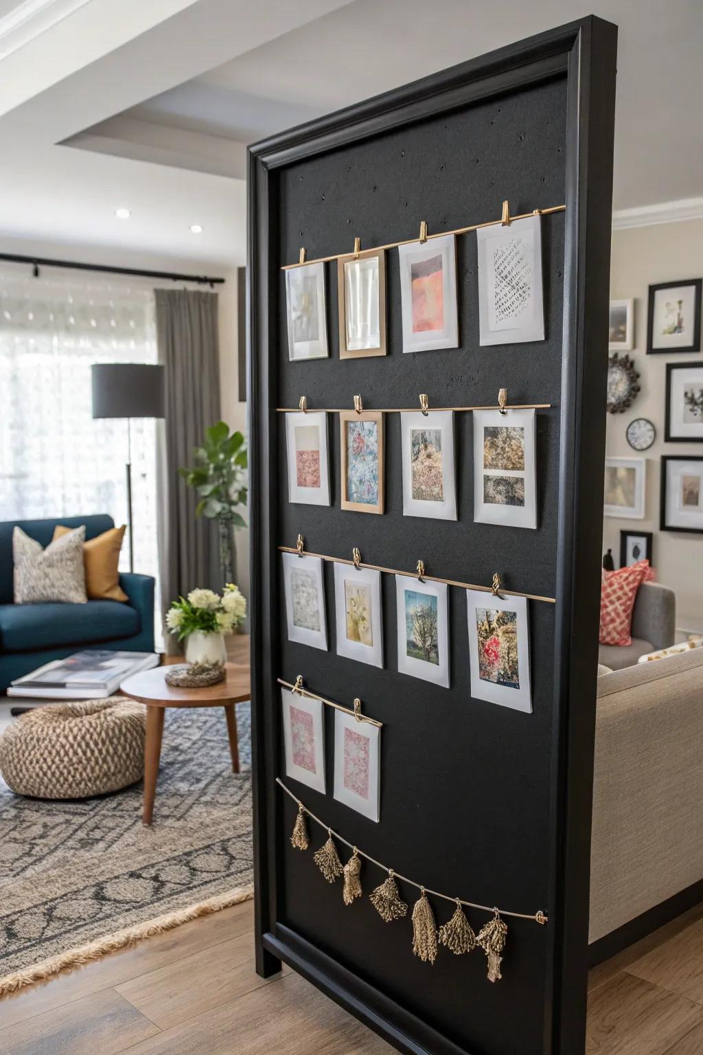 Construct your own gallery wall by employing a pinboard that showcases your favorite artistic creations.