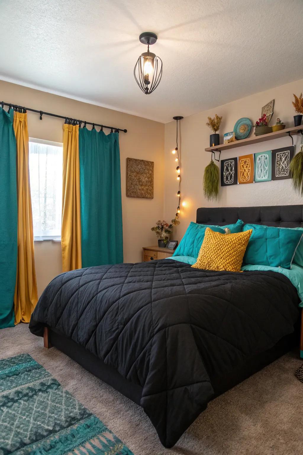 A vibrant bedroom with colorful accents highlighted against a dark-toned duvet.
