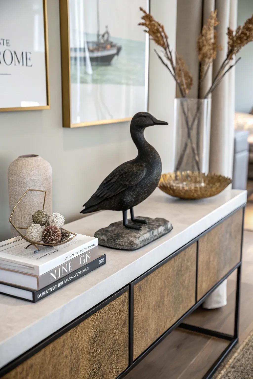 A dusky fowl presentation upon a lithic foundation, impeccable for contemporary aesthetics.