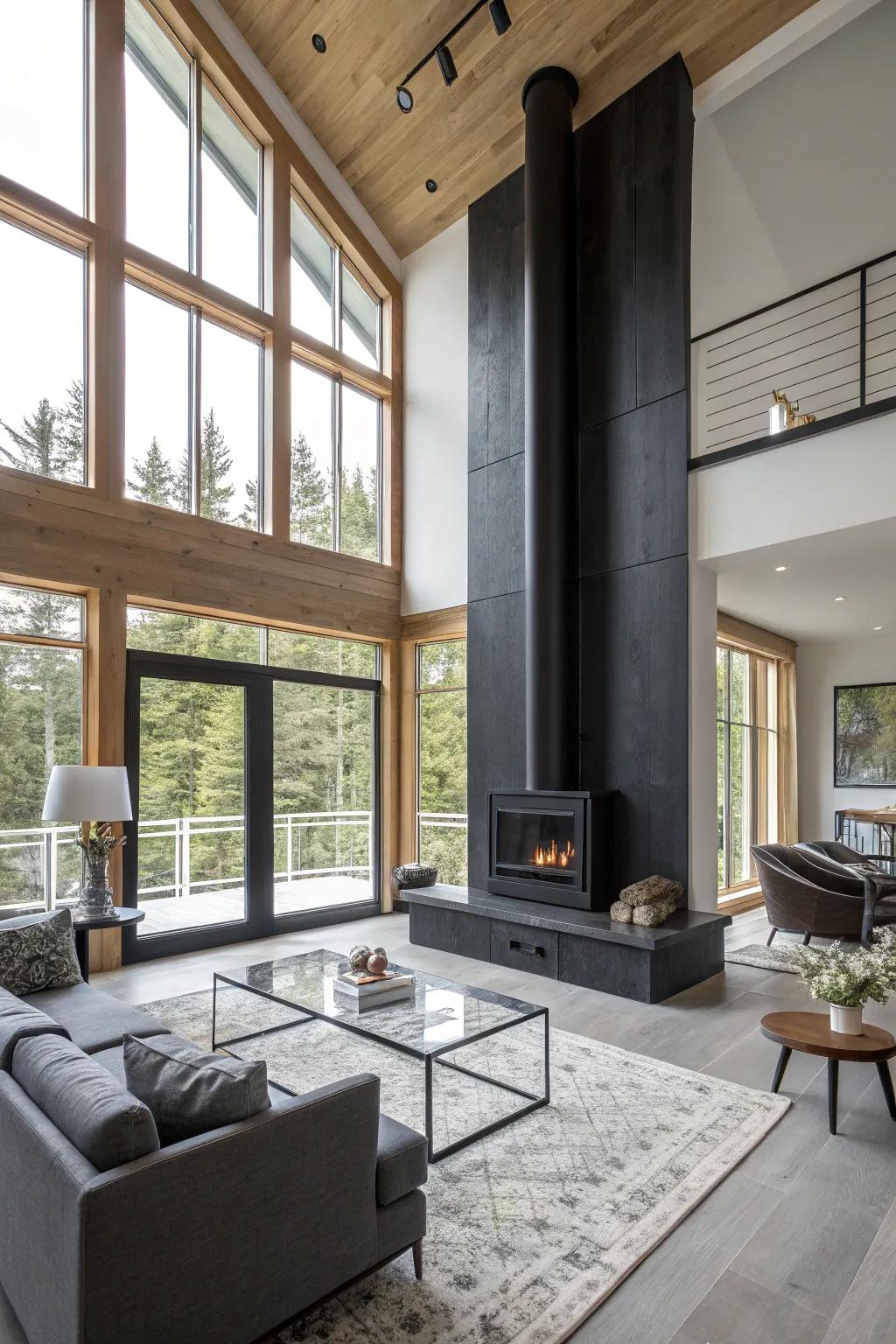 Fashion a dramatic centerpiece through a floor-to-ceiling dark hearth.