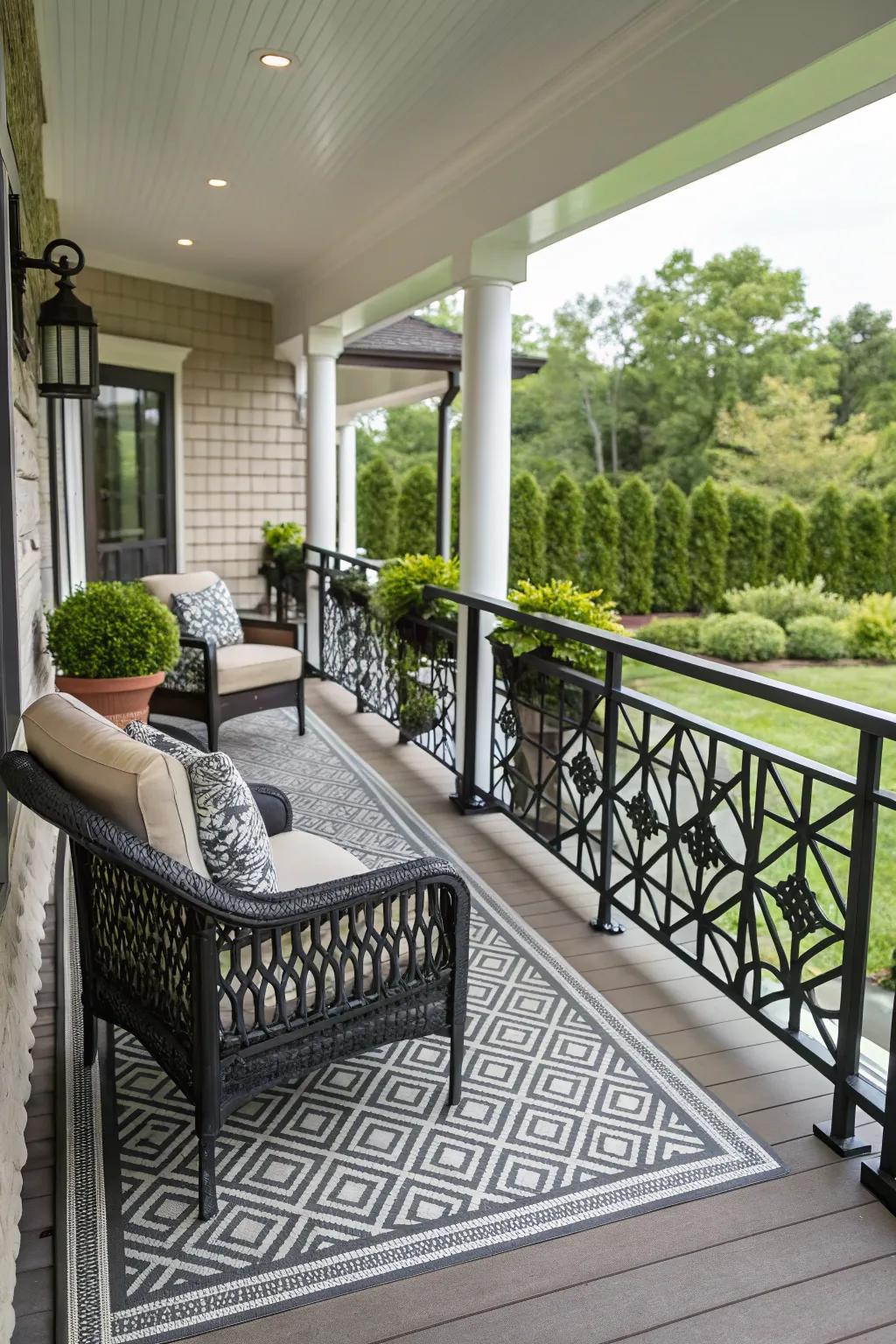 Geometric railings contribute artistic style to any porch.