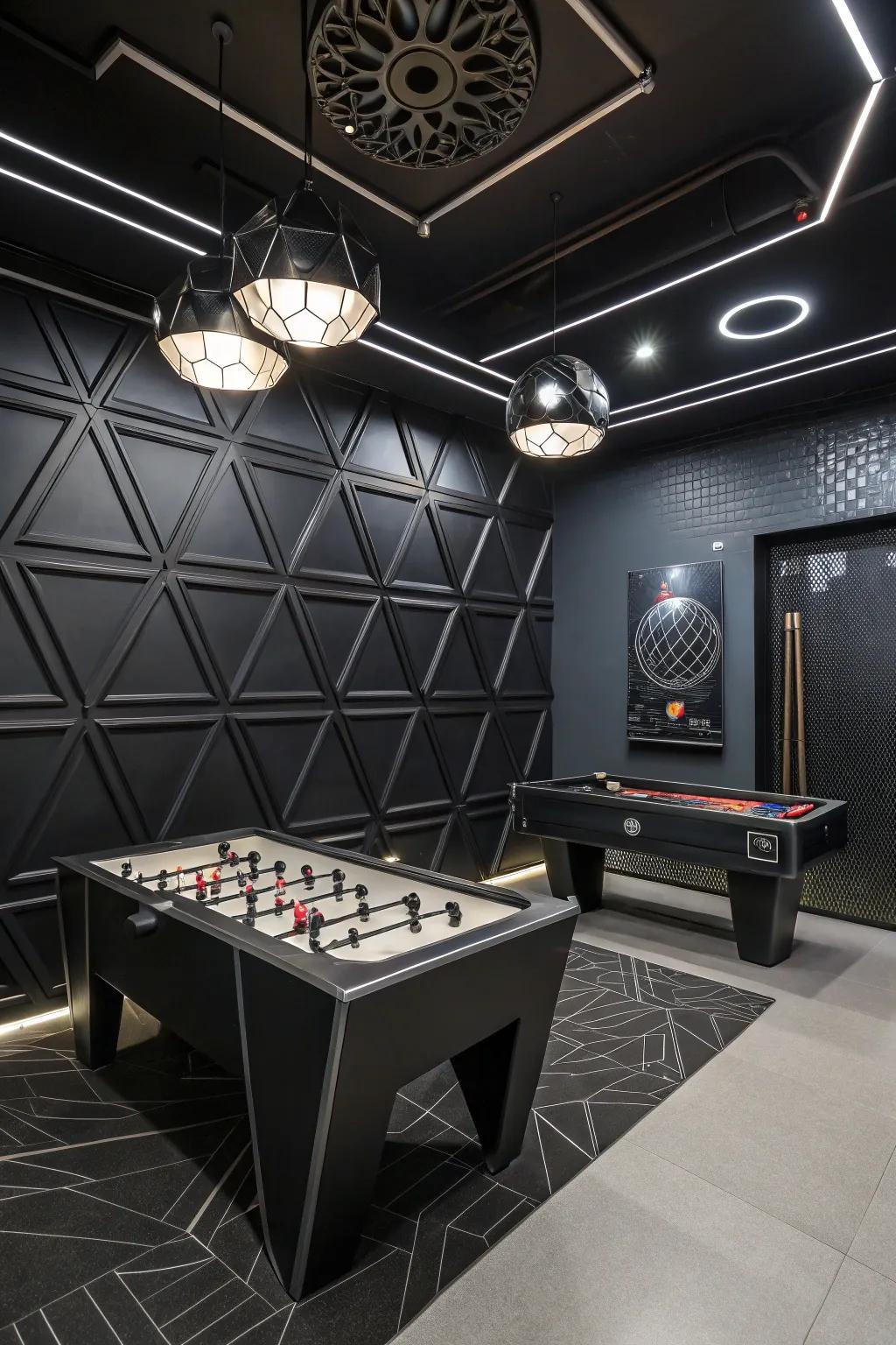 Elements of futuristic decor contribute a modern and refined aesthetic to the gaming space.