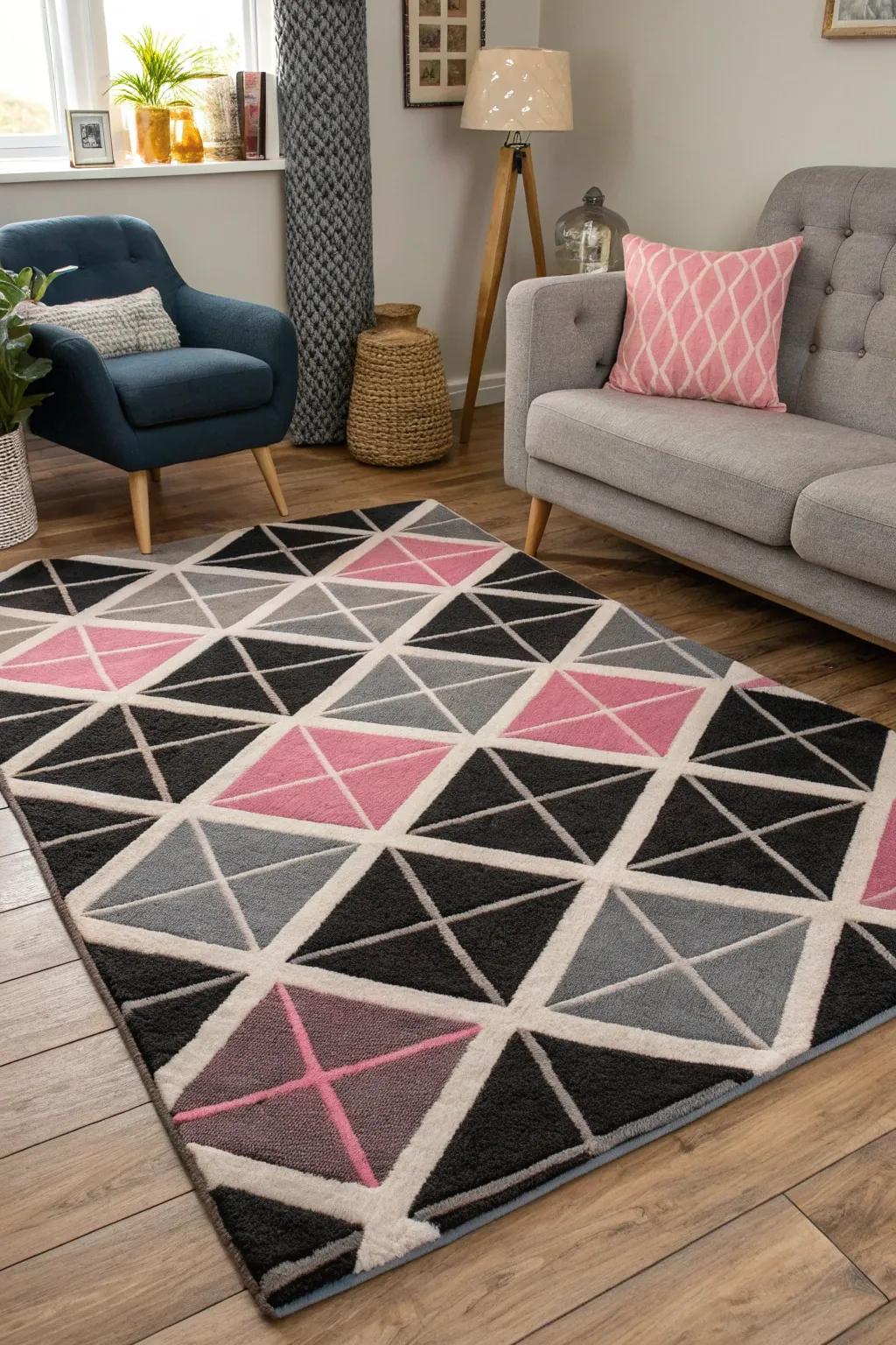 A geometric rug adds a modern twist and anchors the space.
