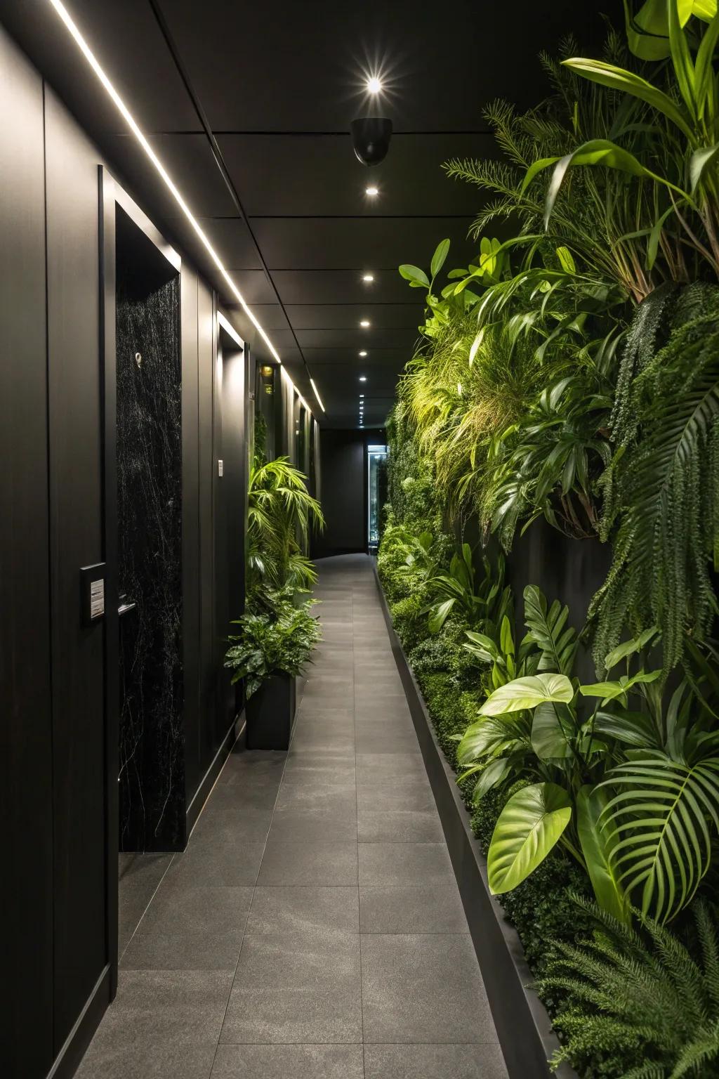 Green plants contribute a refreshing comparison to a black hallway.
