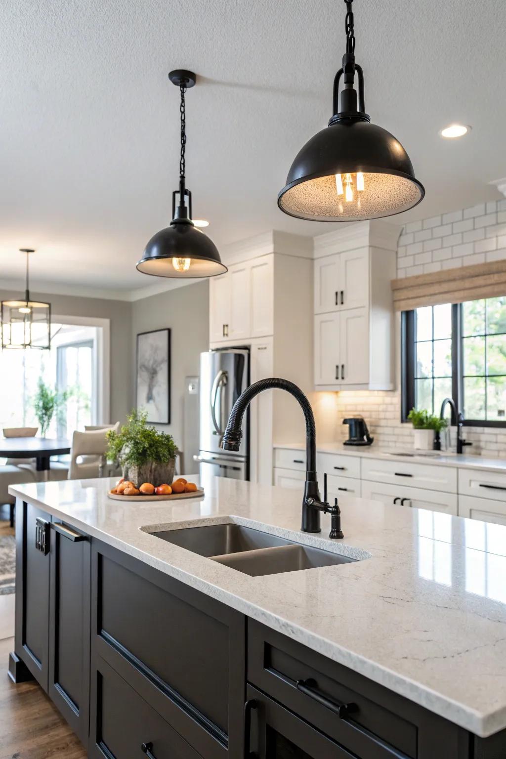 Striking pendant lights function in unison with a streamlined black faucet in this kitchen setup.