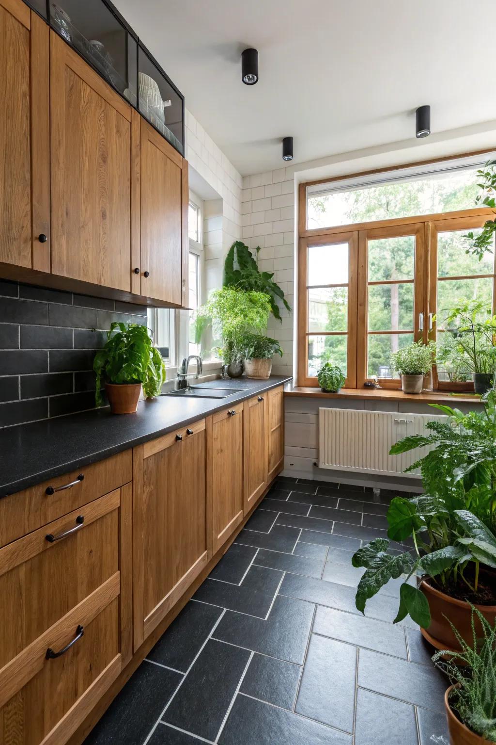A kitchen that beautifully harmonizes dark floors with warm timber details.