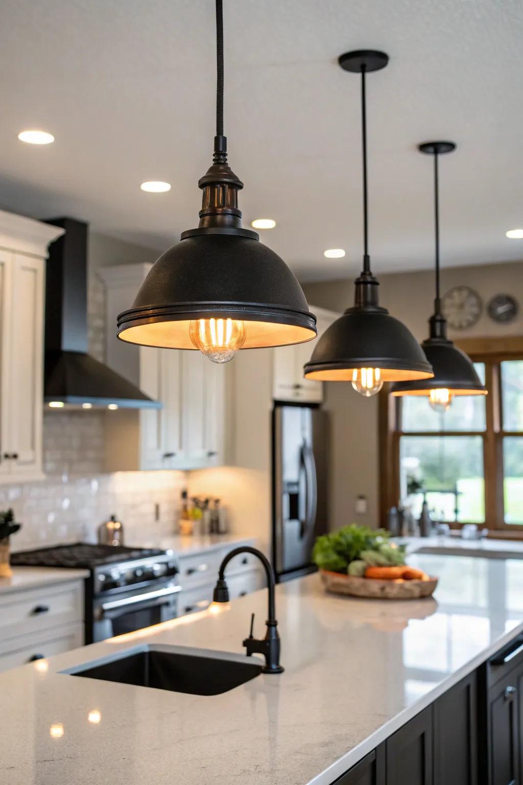 Illuminate your kitchen island with thoughtful dark lighting.