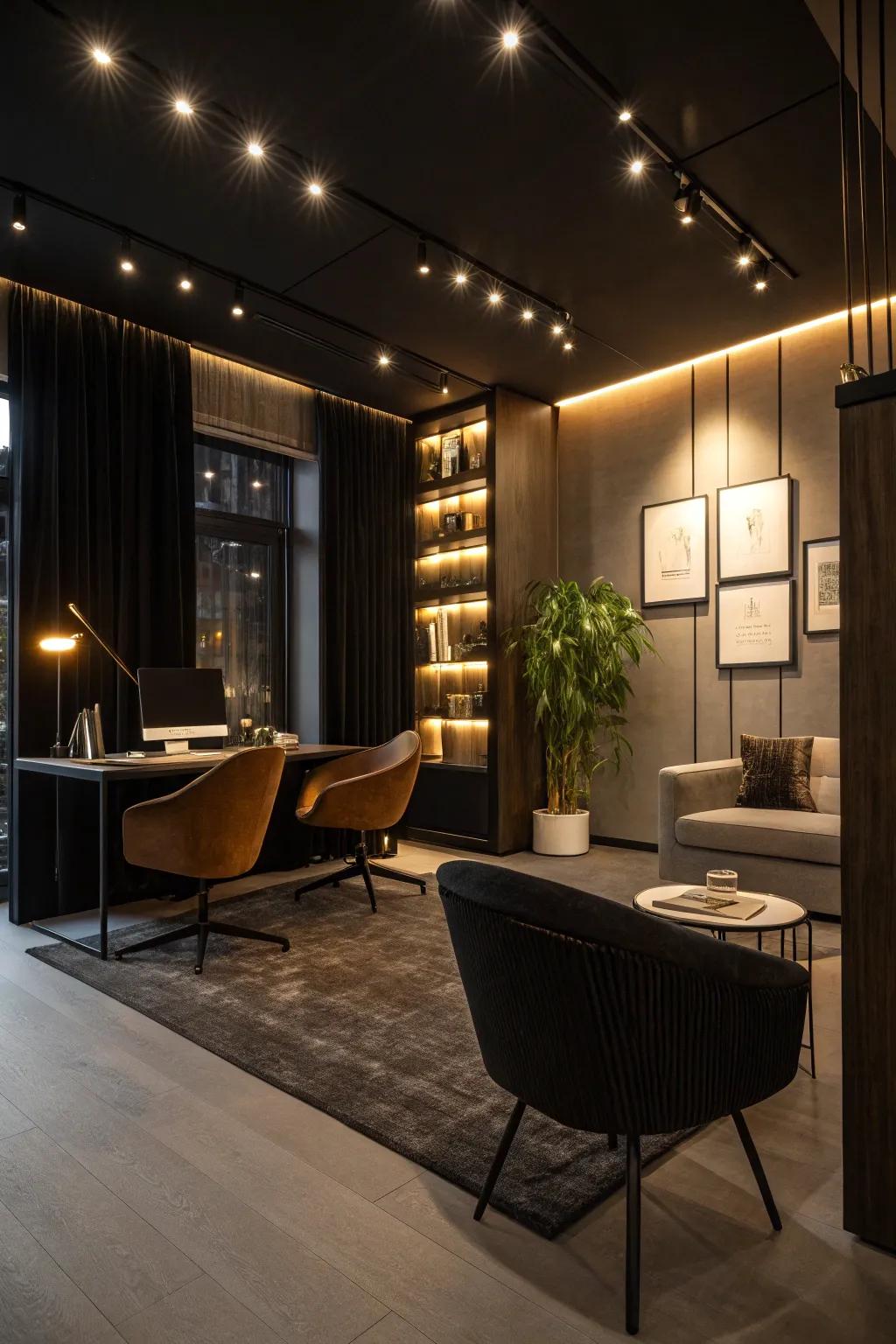 Specialty lighting boosts the mood and style of a dark office.