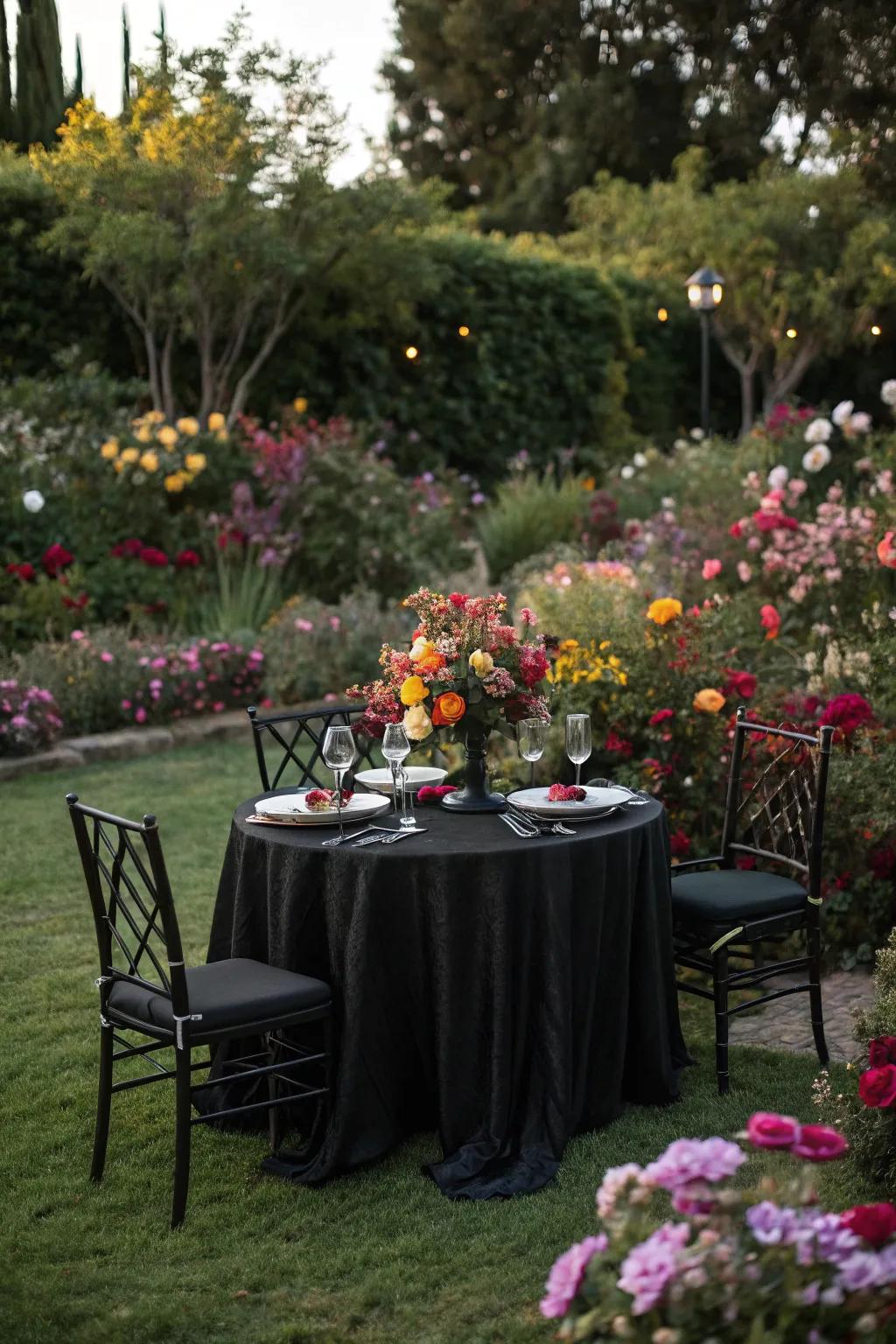 Refined outdoor ambiance brightened by vibrant flowers.