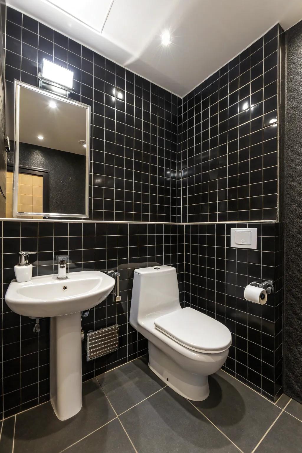 The contrast between dark squares and white components fashions a vibrant bathroom design.
