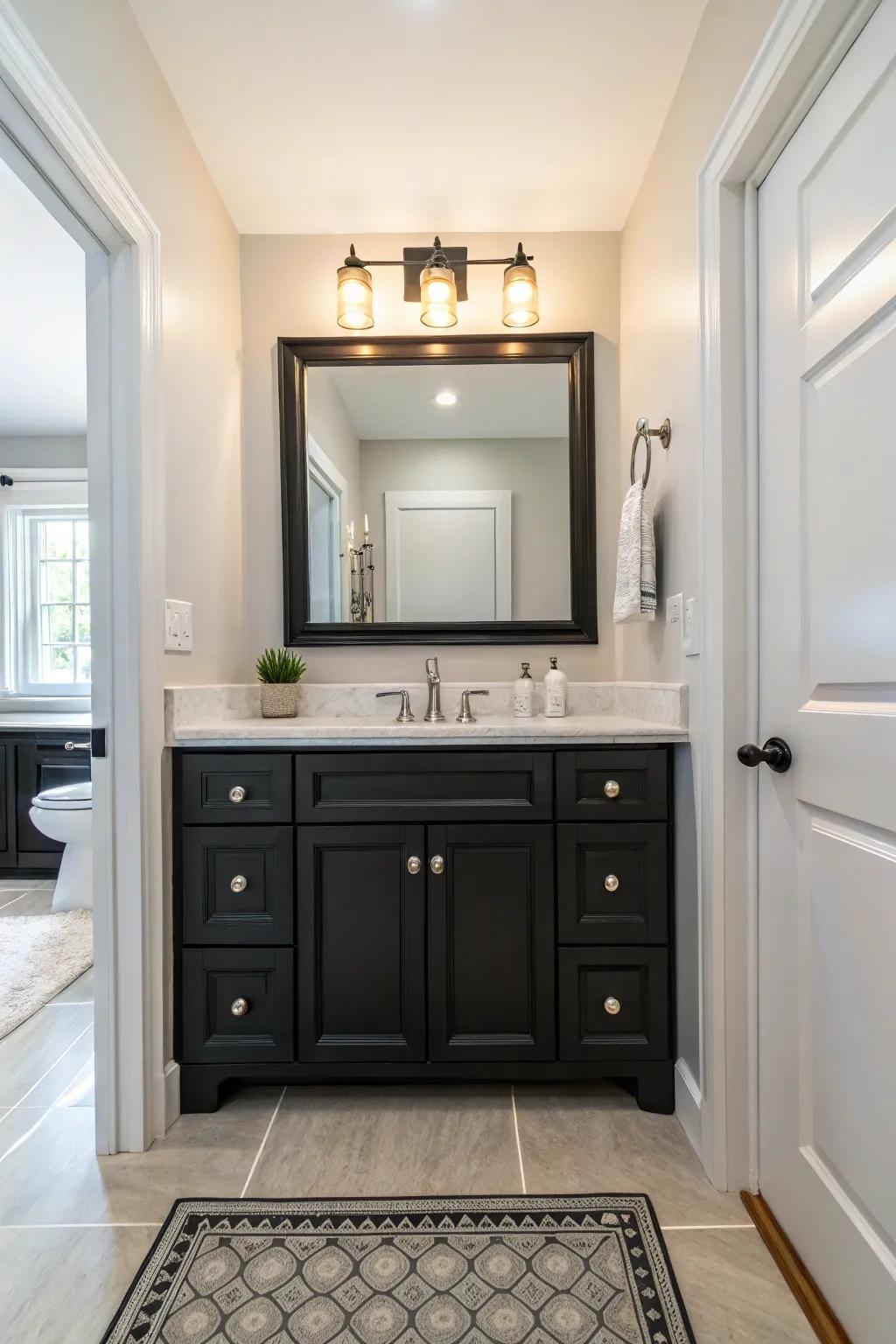 Light floors act as a superb counterbalance to the striking nature of a dark washstand.