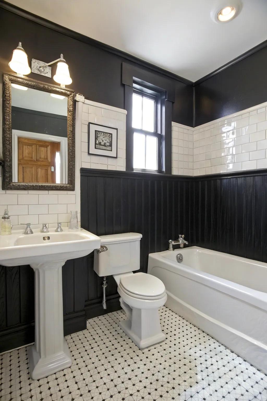 Elegant bathroom showcasing dark-toned wood panels.