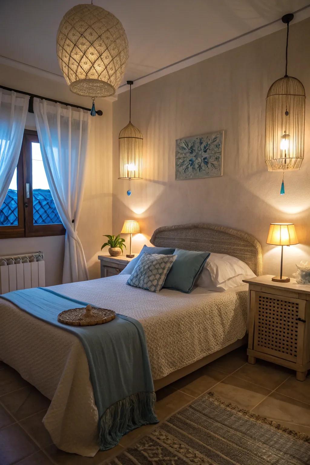 Soft lighting in azure and sandstone enhances the room's inviting feel.