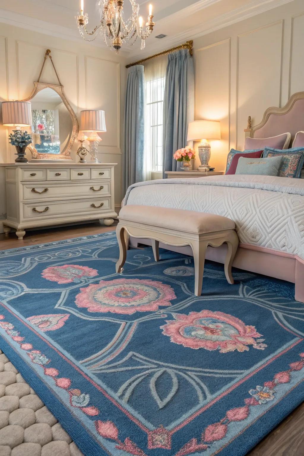 A patterned rug unites the space with color and texture.
