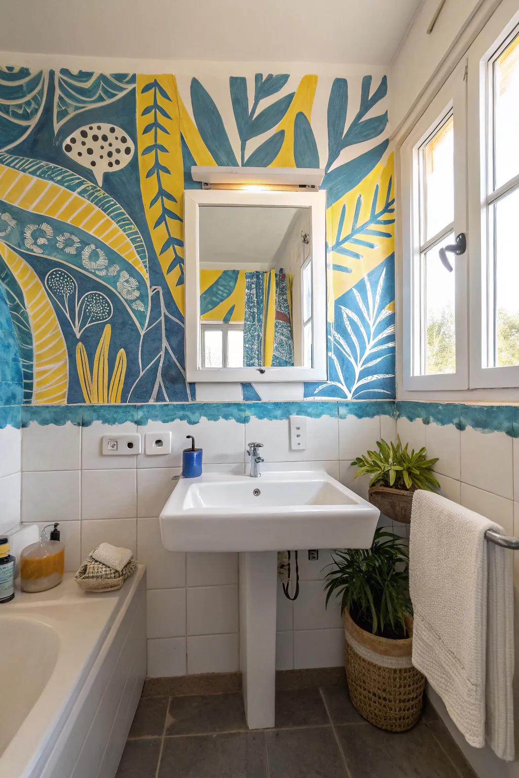 Abstract wall art adds a personal touch to a cornflower and sunflower bathroom.