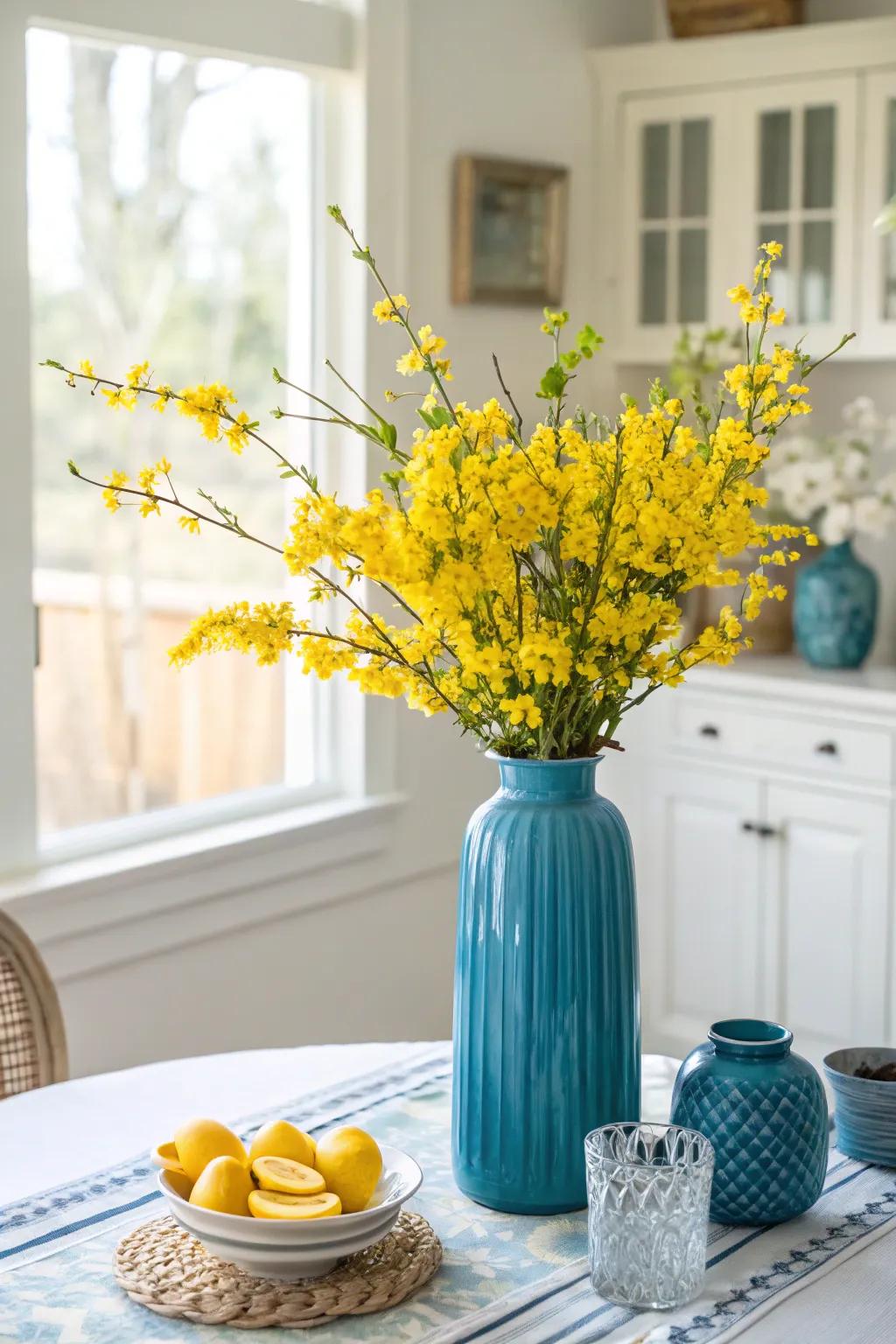 A cerulean vase brimming with golden blossoms, imbuing a hint of freshness into the room.