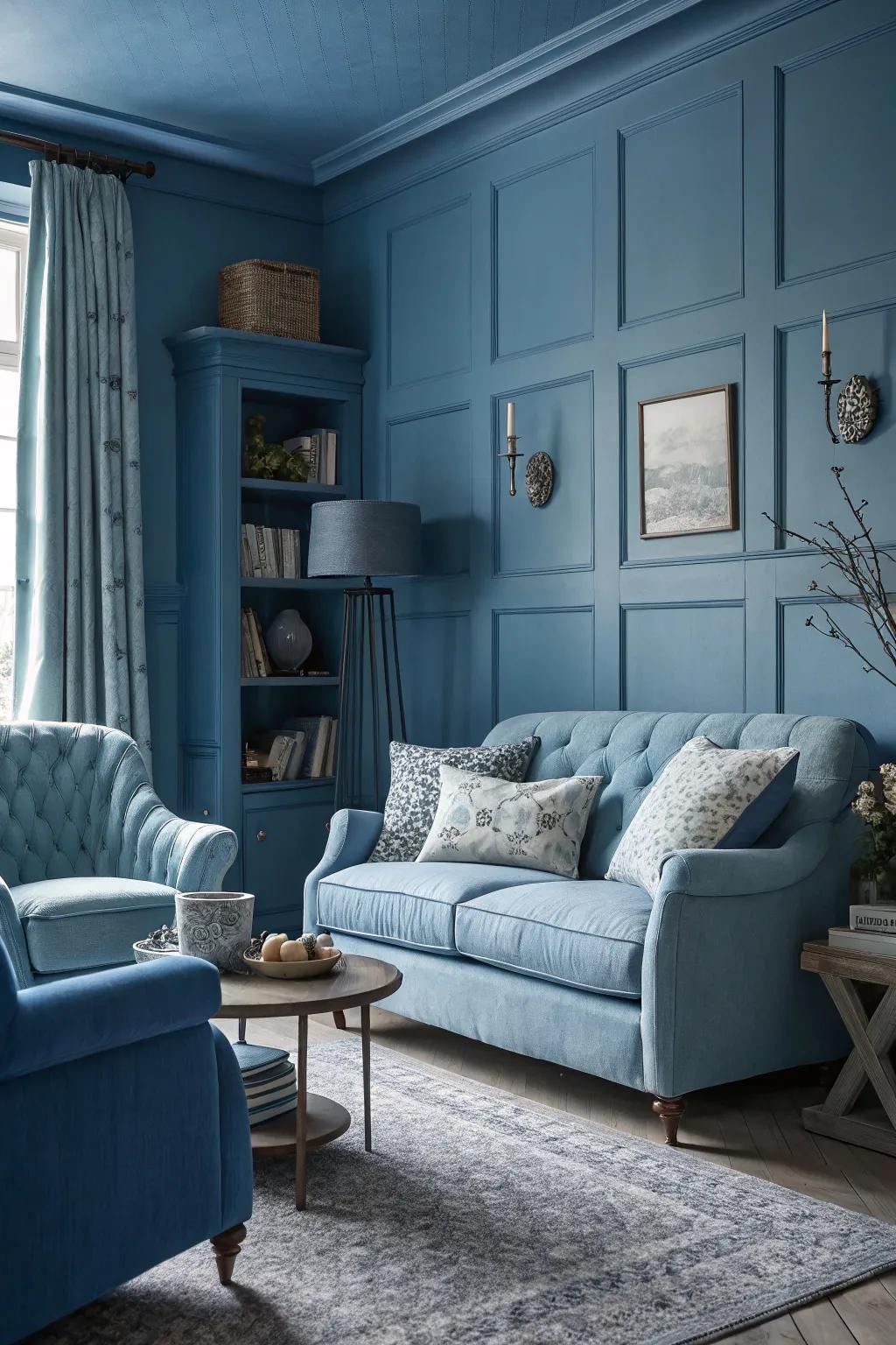 A harmonious monochromatic blue living room arrangement.