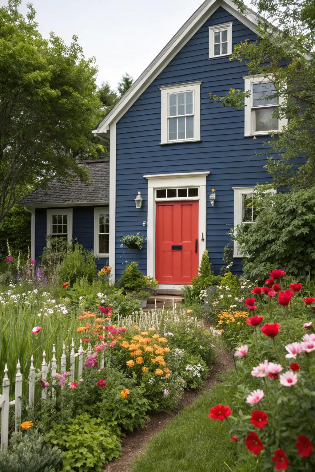 An audacious entryway hue stands out against blue cladding.