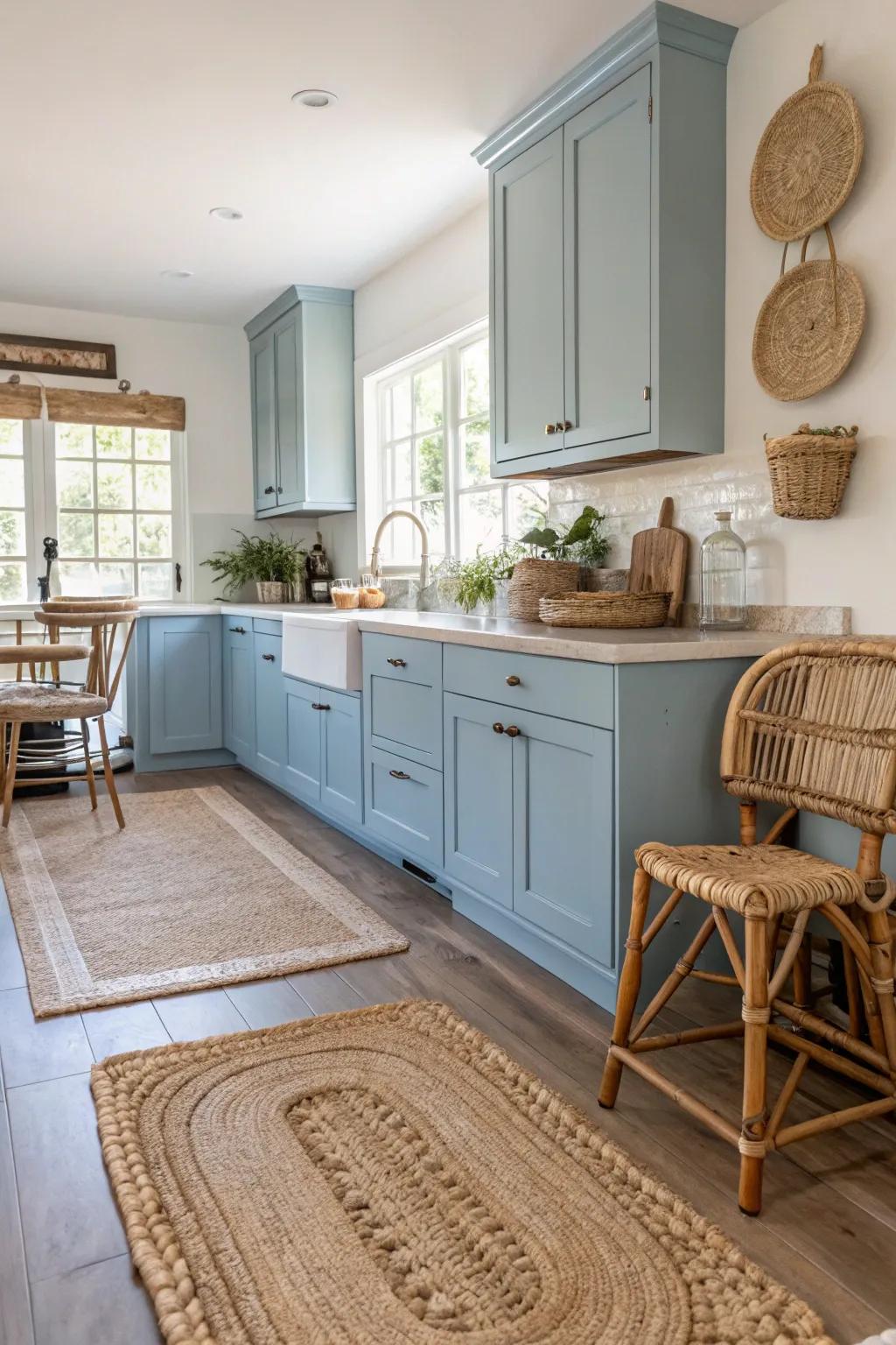 Coastal blue cabinetry brings a light and breezy seaside vibe to your kitchen.