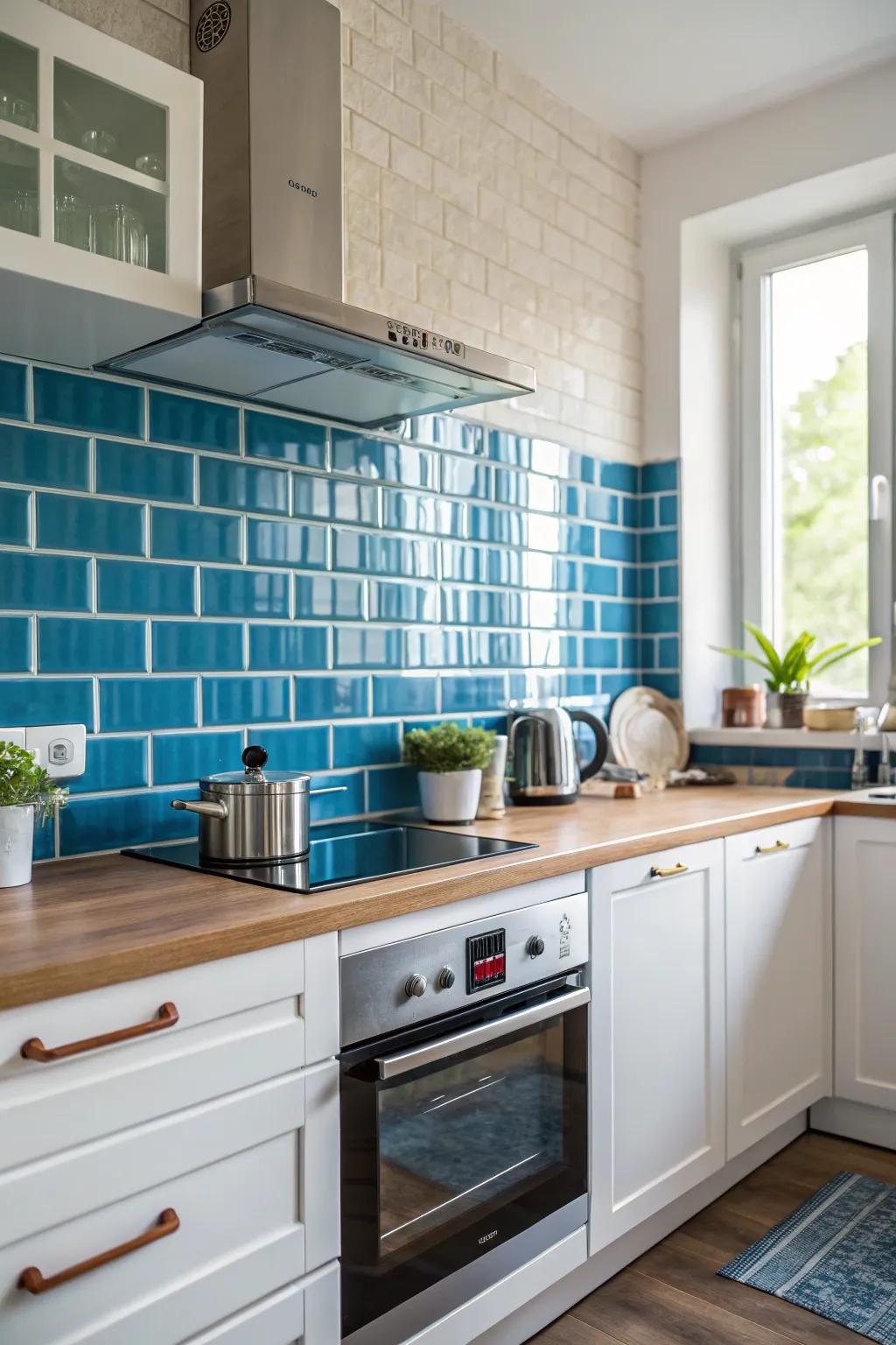 A vivid azure splashguard enlivens this kitchen.